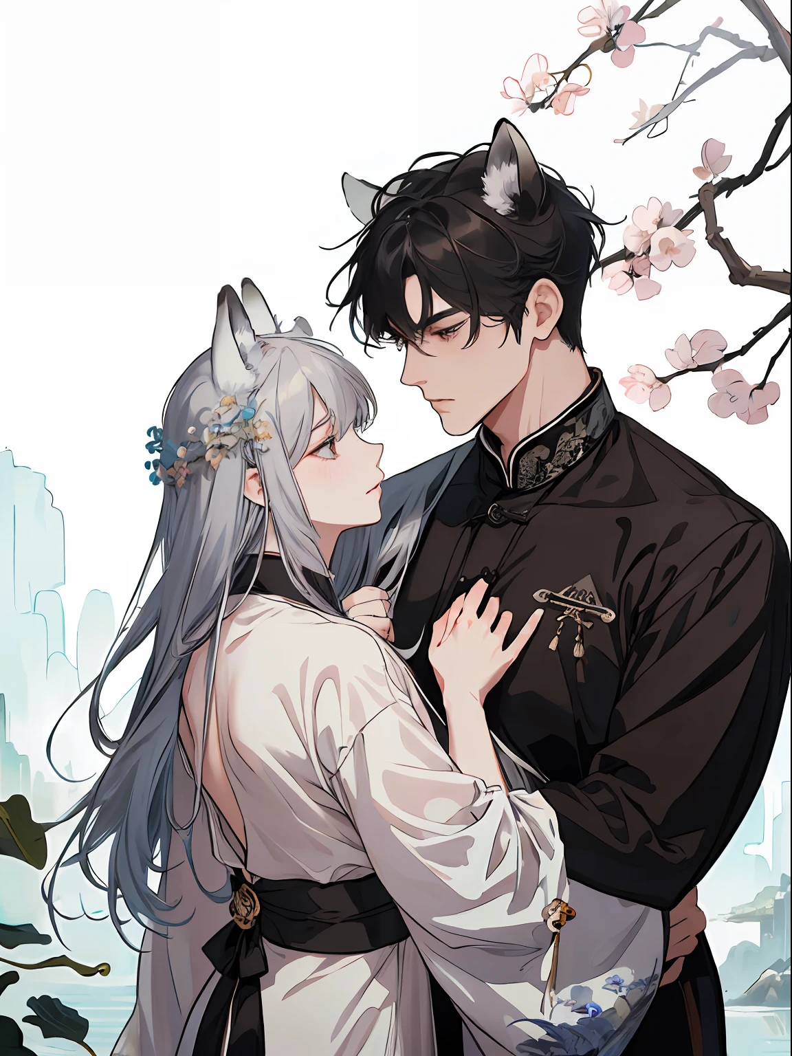 ((4K、masterpiece、top-quality))、(Two men facing each other)、Gray-haired man with beautiful fox ears、Strong man with black hair with wolf ears、ink and watercolor painting、Traditional Chinese Ink Painting、lotuses、Hanfu、Maxi Kit、Dress conservatively、Animal ears,、bule、florals、Lots of flowers nearby、shenron、extra detailed face