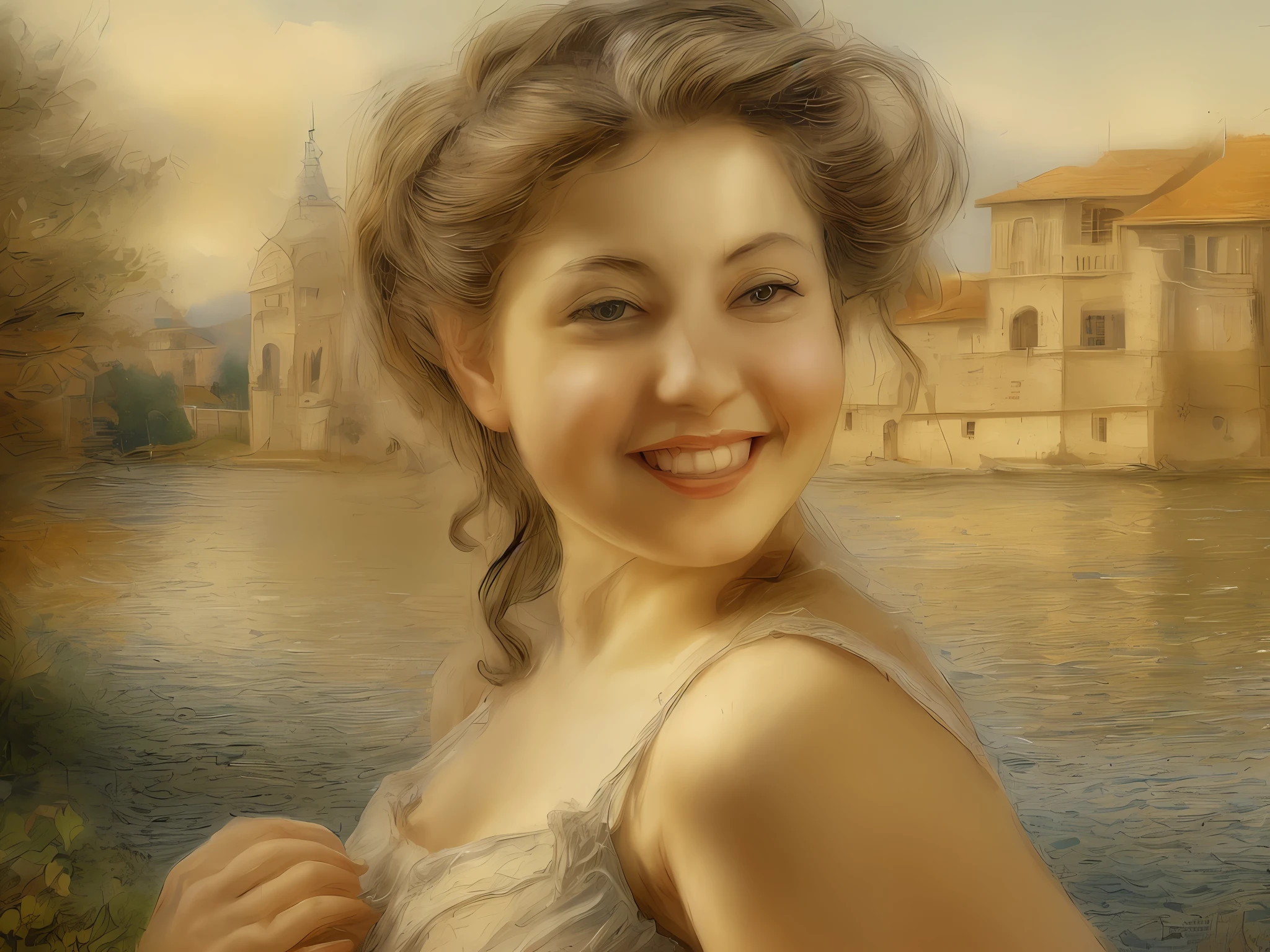 [beste-Qualit, tmasterpiece, extra high resolution, photo-realistic, in the style of pin-up, 1girl, off-shoulder, ssmile:20]Background, intricate Renaissance landscape, higly detailed, impressionism:0.2