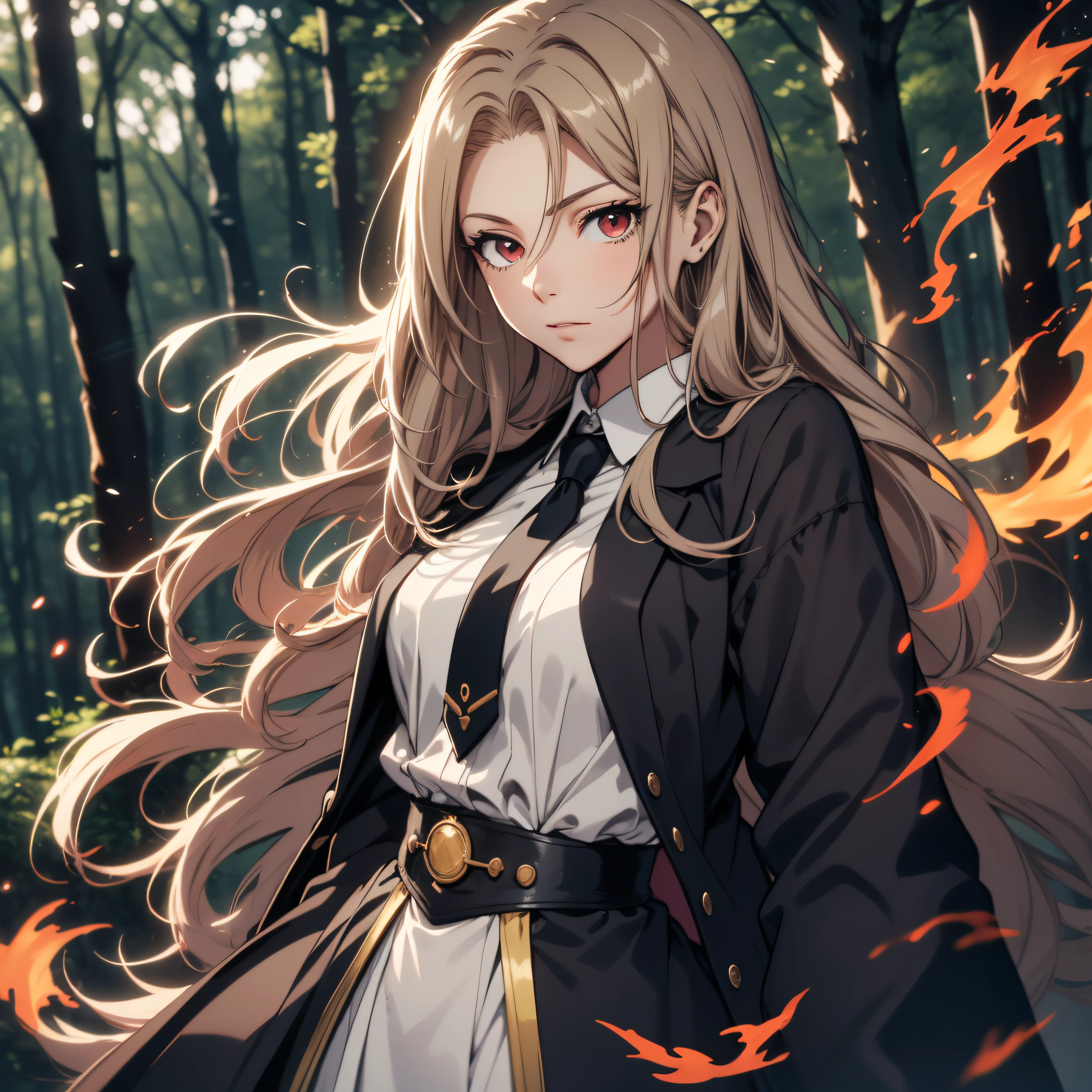 (ultra-detailed, perfect pixel, highrest, best quality), 20 years old Anime girl, smooth anime artstyle, long raven hair, slightly wavy hair, parted bangs, brown hair, gradient hair color, Magus, red eyes, detailed eyes, beautiful eyes, long black coat, white shirt, ((neckwear, long tie)), black skirt, aristocrat, noble attire, beautiful, ethereal, elegant, prestigious, dark forest background, particle effect, smoke effect, fire flame, lightning, magic light, standing, looking at viewer