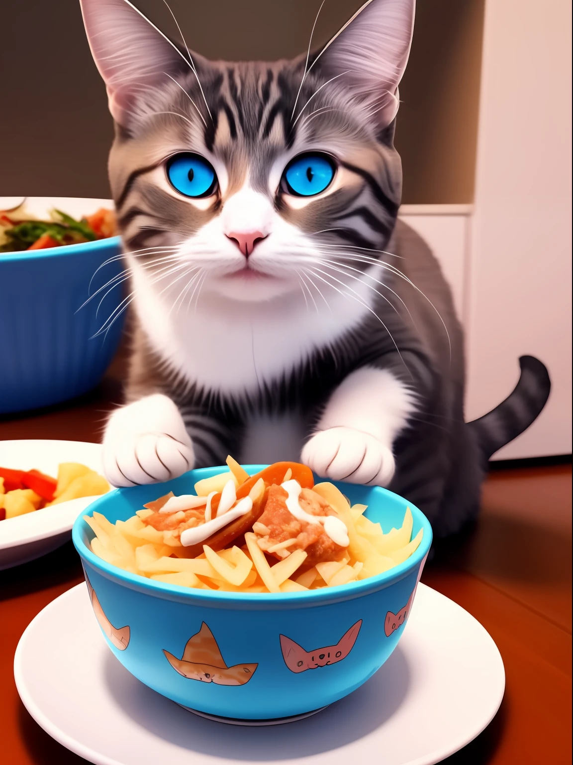 A cat eating at a meal，Take this bowl yourself，Anthropomorphic cats，Super mini kitty，Bow on the head，blue color eyes