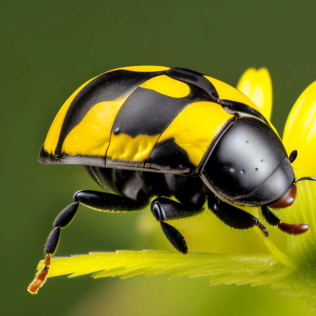 extreme macro close-up side view photograph of a {ladybug} on a {yellow flower},{{{ Detail }}} dark background, in the style of macro photography, focus-stacking, studio photography, highly detailed, extreme realism --style raw, Masterpiece, Photorealistic, hyper realistic, sharp focus.