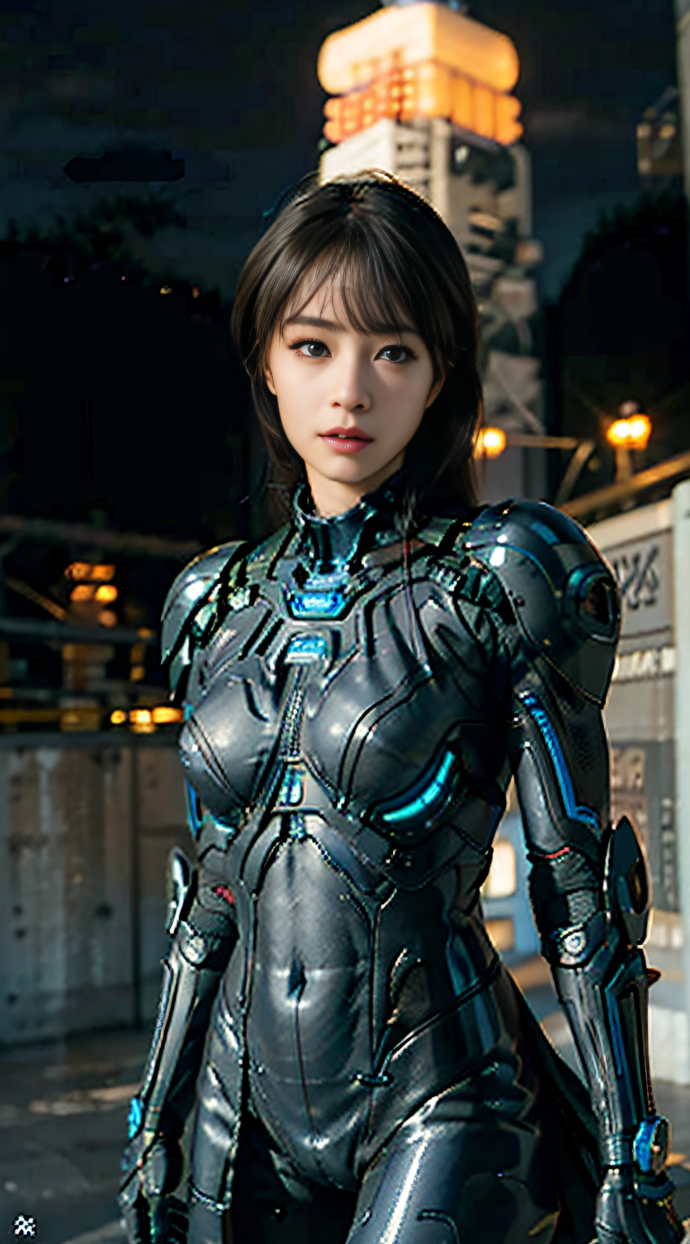 (Biomechanized exoskeleton and biomechanized ARN and biomechanized neck and biomechanized body blue neon illumination pattern with intricate details), Pale Skin 1 girl as cyborg, (Short straight dark brown hair,By bangs, almond eyes, Big brown eyes, Small face, Cute face, Moles under the mouth, Makeup is sexy), Masterpiece, Best quality, ultra detailed RAW, A high resolution, Ultra photo realsisim, 16k, Intricate details, full bodyesbian, Cinematic lighting, Portrait, Bokeh, ((Naked of breast, Real skin, high detailed skin texture, Abs, droopy bosom, Slim body, Skinny body)), (at cyberpunk city, A big moon, Roof, Night view, Tokyo Tower), squad, Armed with a long biomechanized illuminated sword,(mediuml breasts)