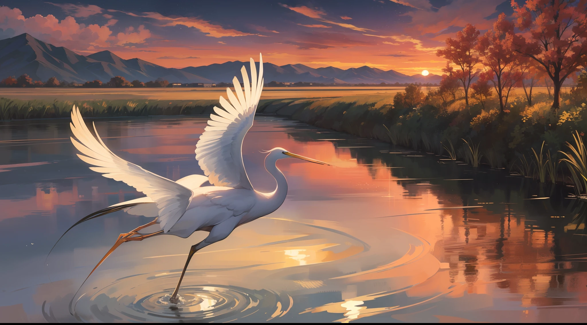 The sunset and the egret flying together,White Egret Spreading Wings and Flying,and the autumn sunset glow river water grows in the same color as the sky,clear water,water surface Reflection,starry sky,sunset glow,