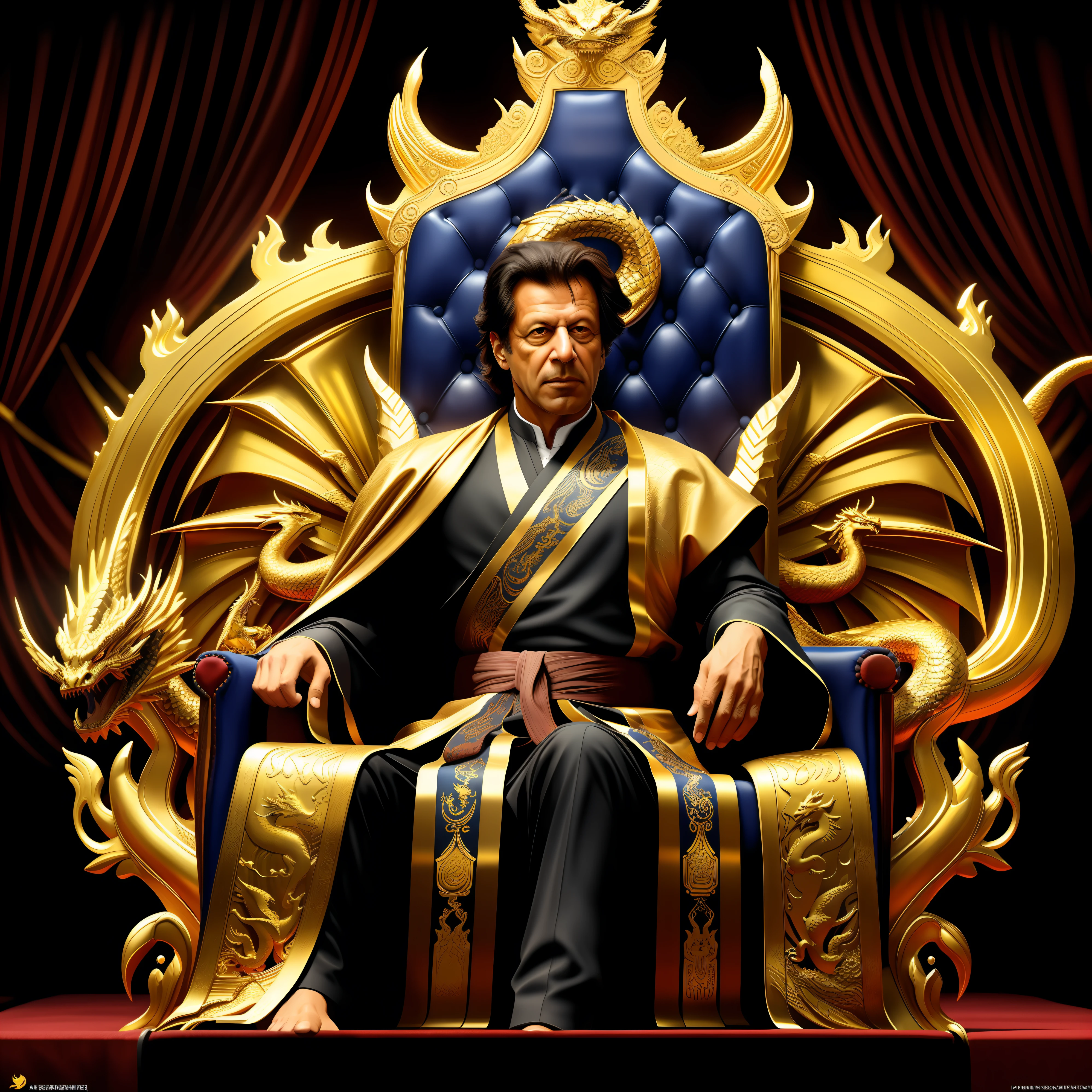 Masterpiece, best quality, extremely detailed CG unified 8k wallpaper, painting, brush, full body, separated, animated art, super fine silhouette, fantasy art, ex prime minister of Pakistan imran khan wearing a dragon robe, golden dragon robe, sitting on the throne of a dragon chair, gorgeous chair in gold