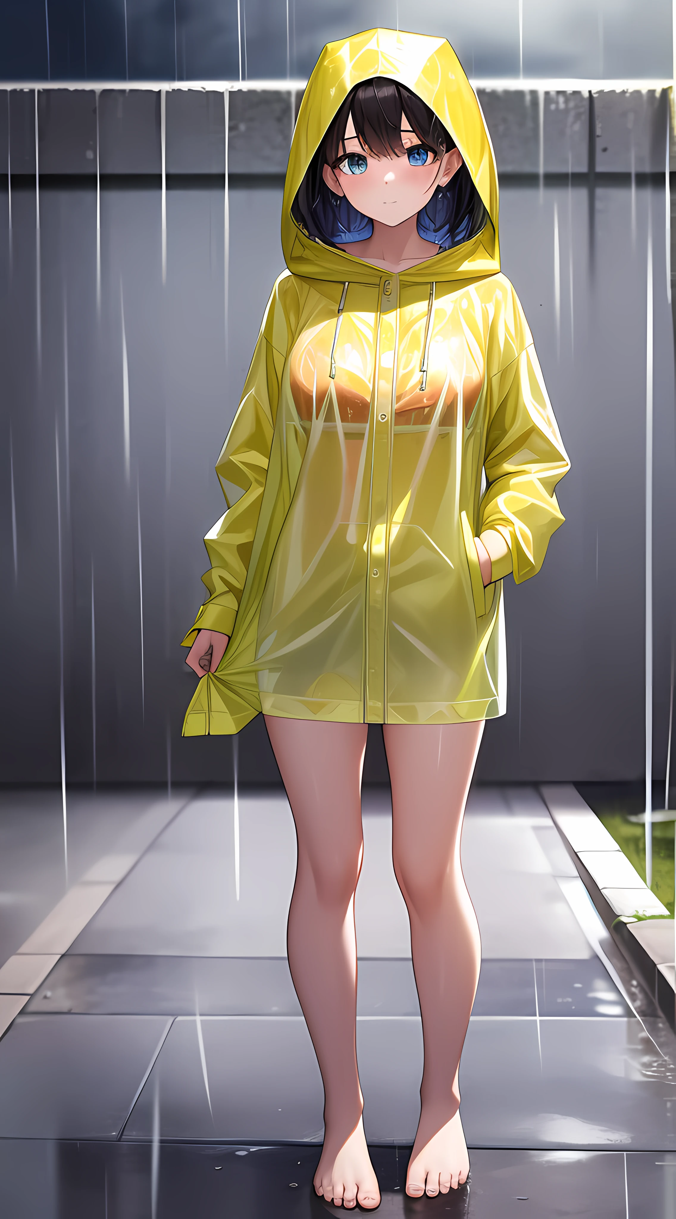 A -year-olrl，Wea yellow hooded raincoat，stand posture，full body pov，Bare-legged，Barefoot，Standing in heavy rain，Accentuate the texture of raincoats and gelcoats，Accentuates the translucent texture of the raincoat