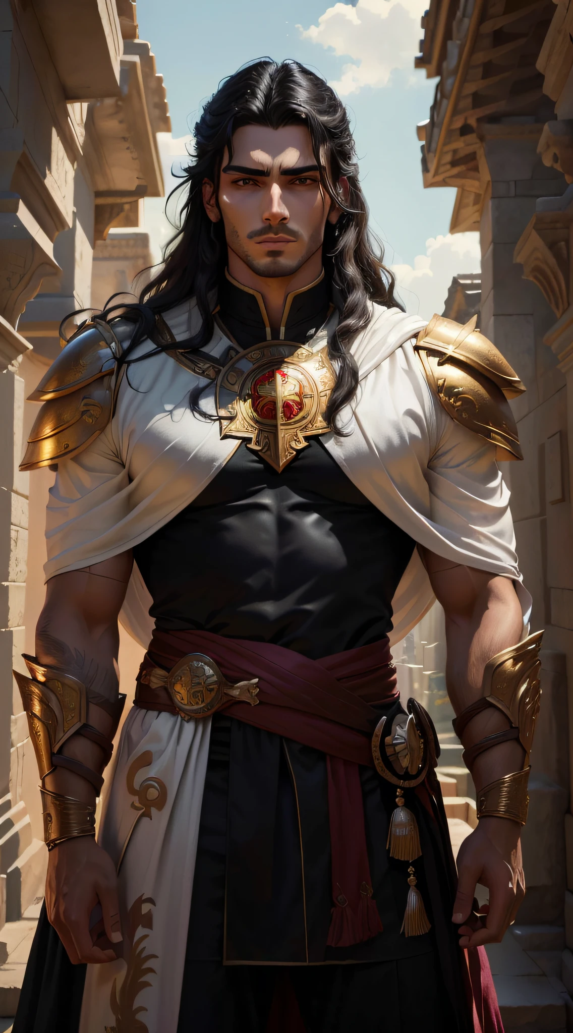 Arafed man in a black and gold outfit standing in a courtyard, um paladino masculino humano, Paladino masculino, handsome prince of persia, casimiro arte, Arsen Lupin como um paladino, Inspirado em Kris de Deltarrune, Graphic artist Magali Villeneuve, trending in the artstation, Amazing 8K character concept art, guerreiro masculino