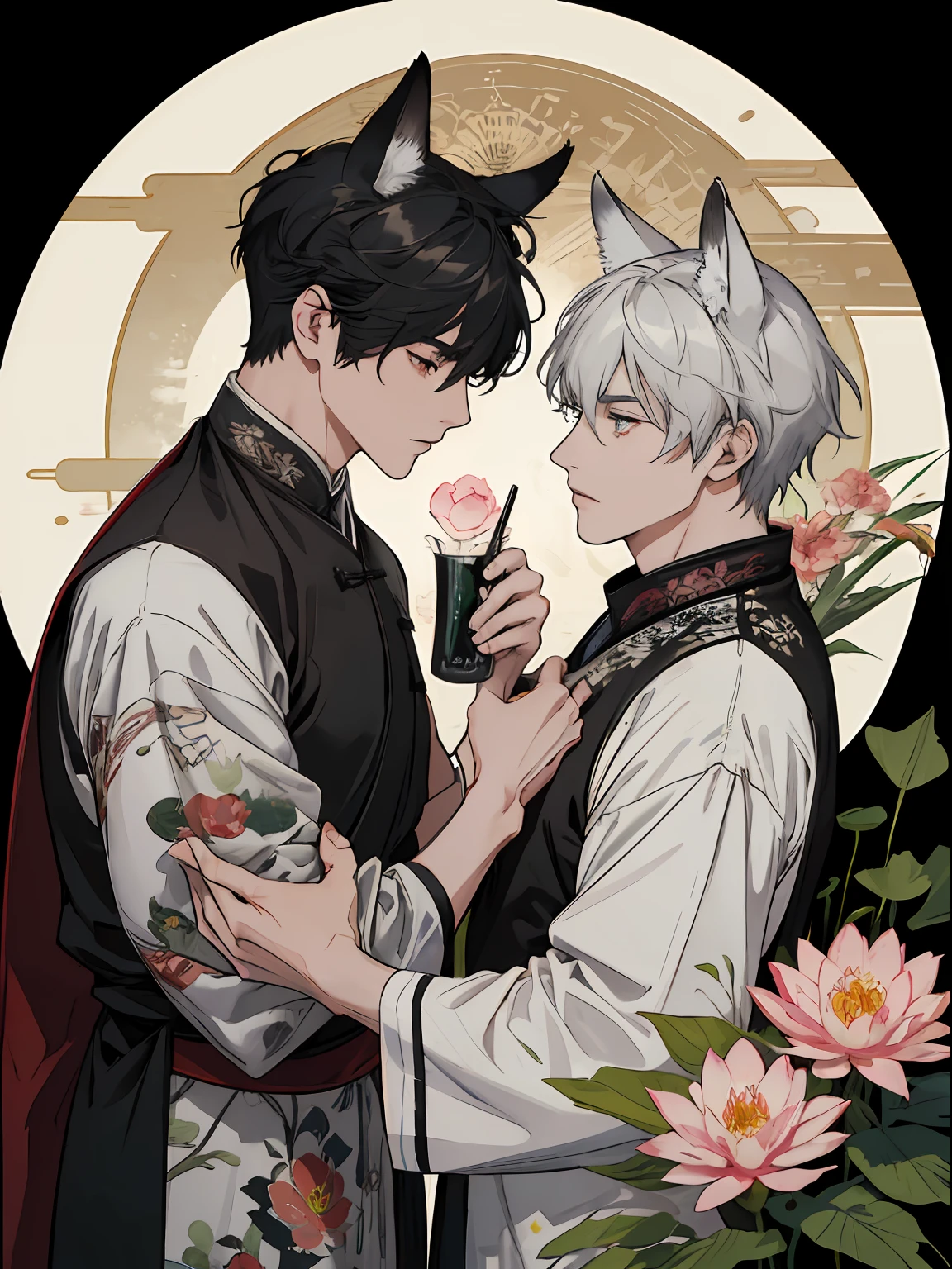 ((4K、​masterpiece、top-quality))、(Two men facing each other)、Gray-haired man with beautiful fox ears、Strong man with black hair with wolf ears、ink and watercolor painting、Traditional Chinese Ink Painting、lotuses、Hanfu、Maxi Kit、Dress conservatively、Animal ears,、bule、florals、Lots of flowers nearby、shenron、extra detailed face
