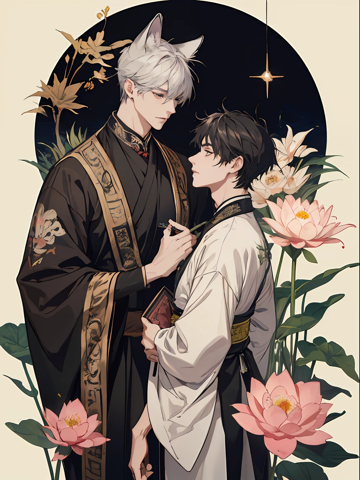 ((4K、masterpiece、top-quality))、(Two men facing each other)、Gray-haired man with beautiful fox ears、Strong man with black hair with wolf ears、ink and watercolor painting、Traditional Chinese Ink Painting、lotuses、Hanfu、Maxi Kit、Dress conservatively、Animal ears,、bule、florals、Lots of flowers nearby、shenron、extra detailed face