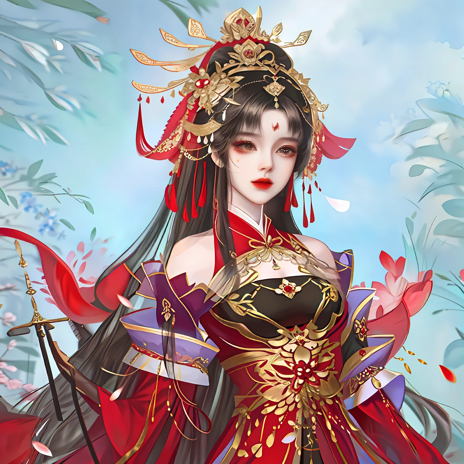 oriental girl，Works of masters，It is engaging and beautifully composed，Her figure is curvy，Enough to be a masterpiece。The painting is undoubtedly super detailed，Her figure is curvy，Best picture quality，Higher quality，high detal， 超高分辨率， 8K分辨率， depth of fields， cinematic photogtaphy， intricately details， carefully， meticuloso， glorious， max detail， extreme beautiful， （（（1girll， 独奏）））， A picture， tmasterpiece， （Best picture quality）， Higher quality， high detal， 超高分辨率， in a panoramic view， Exquisite facial features， s the perfect face，Detailed digital anime art，，Anime girl wearing red dress，Sword and red dress, a beautiful fantasy empress, Palace ， A girl in Hanfu, ((a beautiful fantasy empress)), Inspired by Lan Ying, inspired by Ju Lian, chinese empress, onmyoji portrait, China Princess, G Liulian art style, Princesa chinesa antiga, inspired by Du Qiong