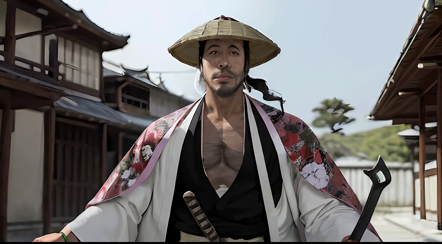 (upper body:1.2), kyoraku shunsui, 1boy, dual_wielding, facial_hair, solo, standing, sword, weapon, in front of temple