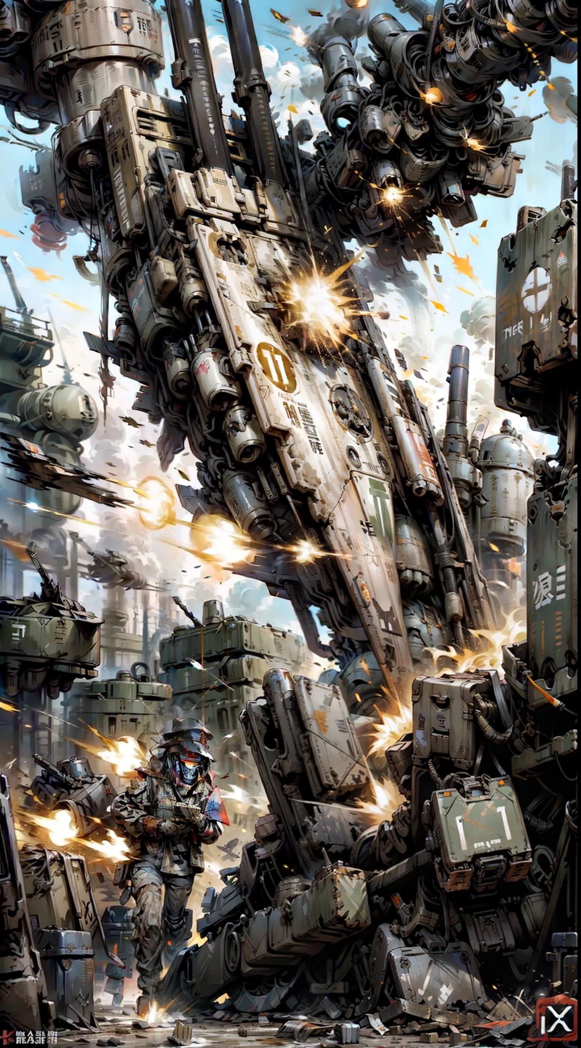 (Frontal battlefield)，total war，Intensive areas of engagement，Many poorly equipped militias were slaughtered by the Imperial Army's advanced war machines。，Dilapidated environment，Dense explosions and destroyed combat vehicles，(There are a lot of heavy bomber and UAV formations in the air)