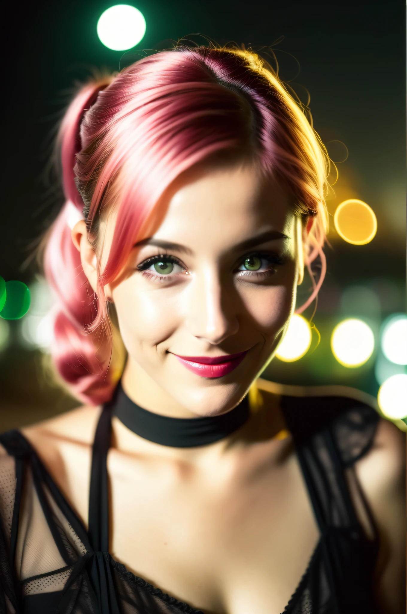 night scene, close up photo of a sexy french prostitute girl during world war 1 , 1930, old photo,  posing, look at a camera and smile, pink ponytail hair, (green eyes:0.8), cute young face, 18 yo, soft volumetric lights, (backlit:1.3), (cinematic:1.3), intricate details, (ArtStation:1.2)