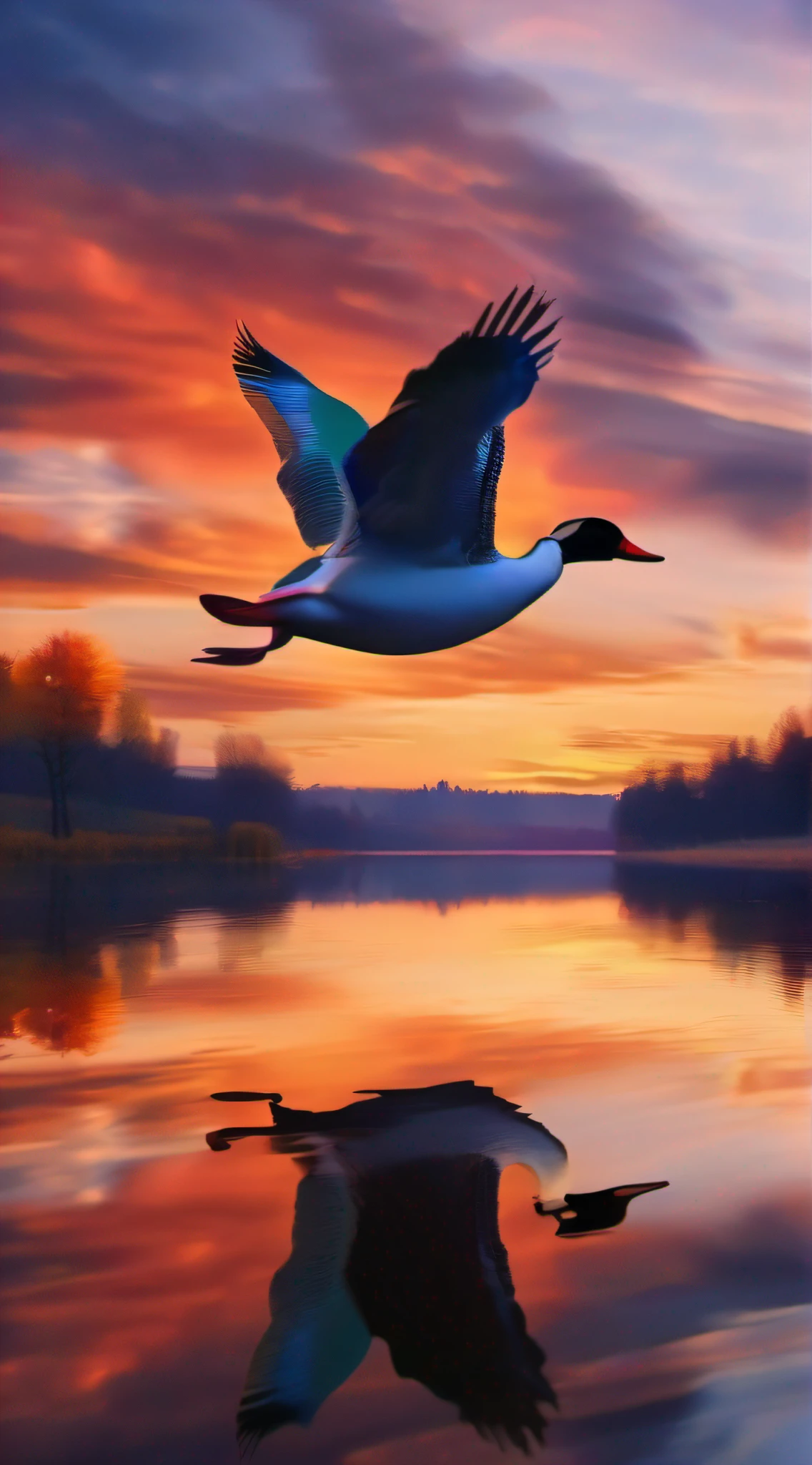 ((masterpiece)), ((best quality)), 8k, high detailed, ultra-detailed, The colorful clouds ,one duck flying in the sunset,reflection, autumn, river, vast sky, merging, serene, harmonious, peaceful,