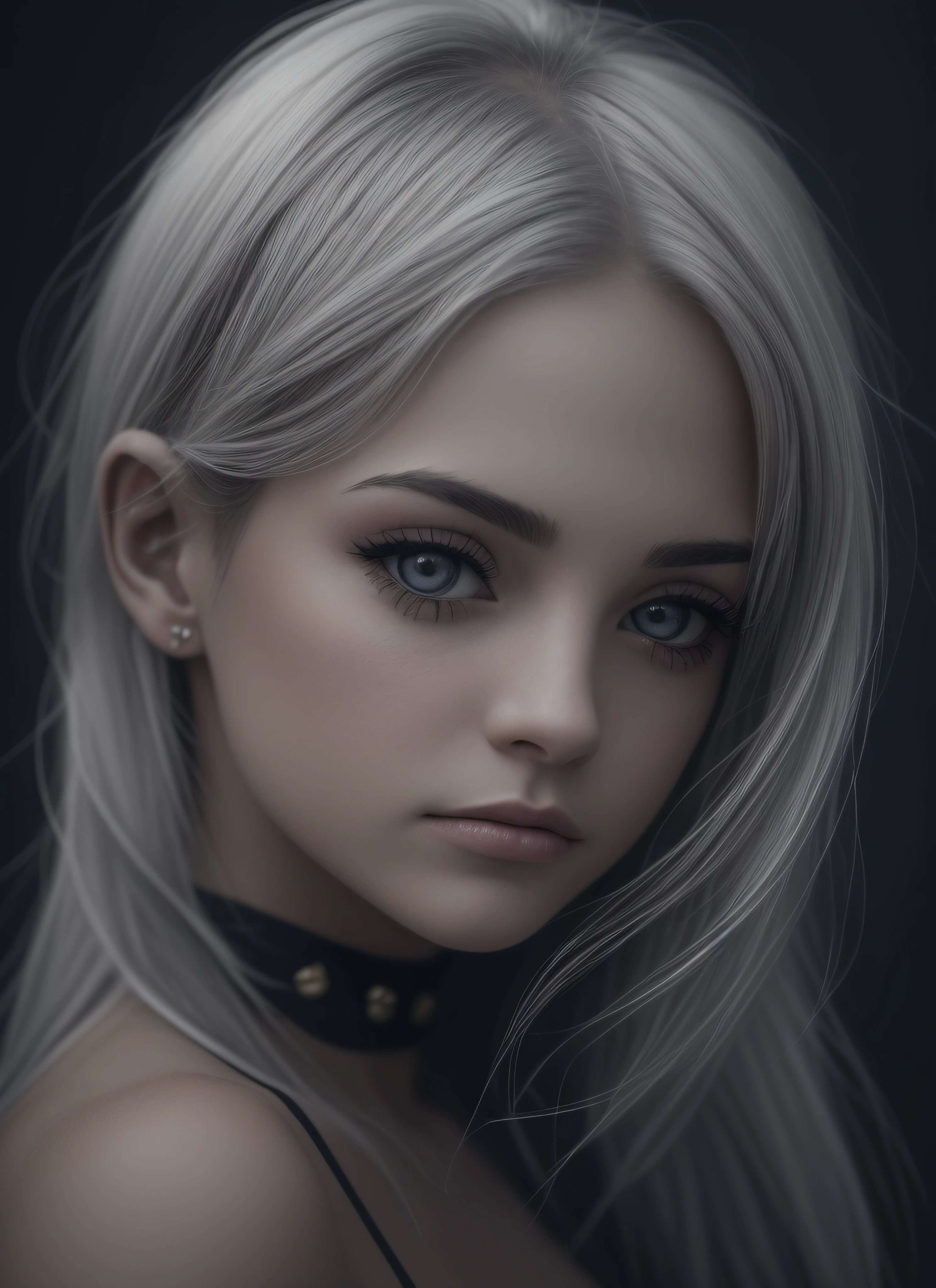 (obra maestra), (parte superior del cuerpo), (nipple erect), retrato, 18-year-old, white-haired girl, sexy, Mirando al espectador, cabello largo trenzas, ojos grandes azules, small mouth, labios grandes detallados, maquillaje oscuro, Girl, sad emotional expression, Peinado de capas frontales, girl face, desnuda, top rosa, Enfoque facial,, perfect composition, fondo oscuro con textura colorida, RAW, Hiperrealista, Kinematic, Super detailed, 8k, alta calidad, Arte de tendencias, tendencias en Artstation, foco nítido, Foto de estudio, Detalles intrincados, Altamente detallado, por el senor de los Anillos