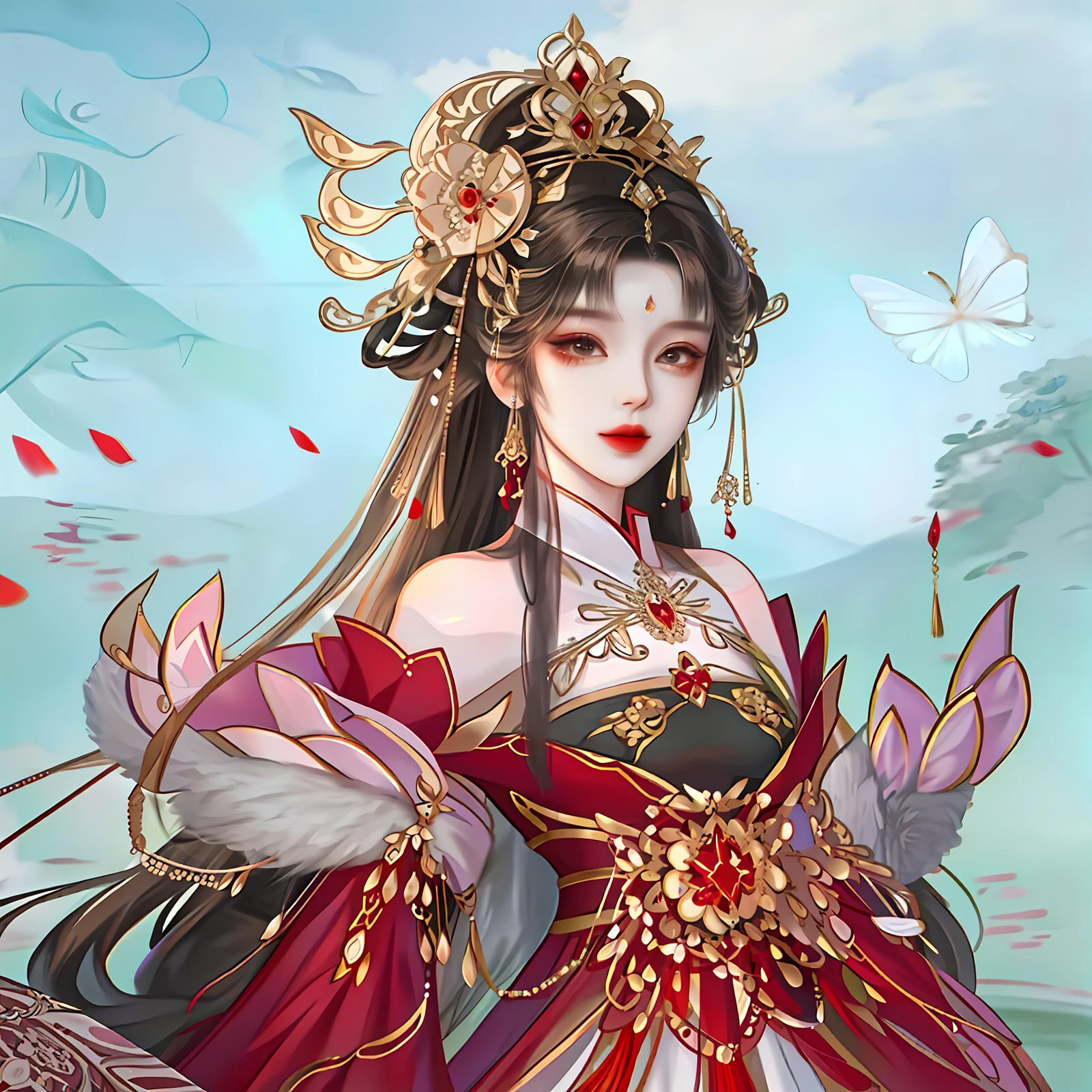 oriental girl，Works of masters，It is engaging and beautifully composed，Her figure is curvy，Enough to be a masterpiece。The painting is undoubtedly super detailed，Her figure is curvy，Best picture quality，Higher quality，high detal， 超高分辨率， 8K分辨率， depth of fields， cinematic photogtaphy， intricately details， carefully， meticuloso， glorious， max detail， extreme beautiful， （（（1girll， 独奏）））， A picture， tmasterpiece， （Best picture quality）， Higher quality， high detal， 超高分辨率， in a panoramic view， Exquisite facial features， s the perfect face，Detailed digital anime art，，Anime girl wearing red dress，Sword and red dress, a beautiful fantasy empress, Palace ， A girl in Hanfu, ((a beautiful fantasy empress)), Inspired by Lan Ying, inspired by Ju Lian, chinese empress, onmyoji portrait, China Princess, G Liulian art style, Princesa chinesa antiga, inspired by Du Qiong