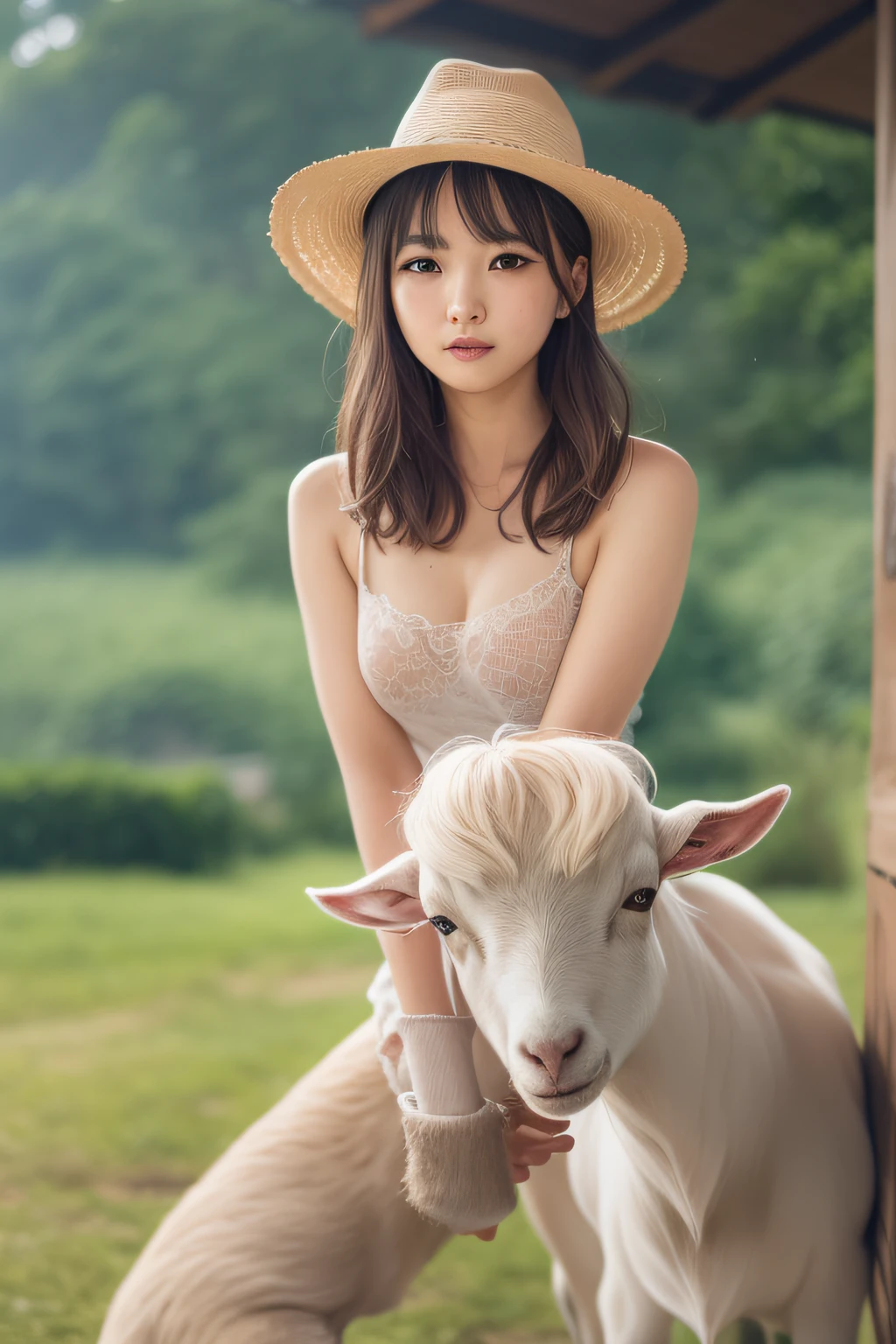 １Pretty Woman、Looking at the camera、Hats、long trousers、Cute Little Goat 1、Pasture