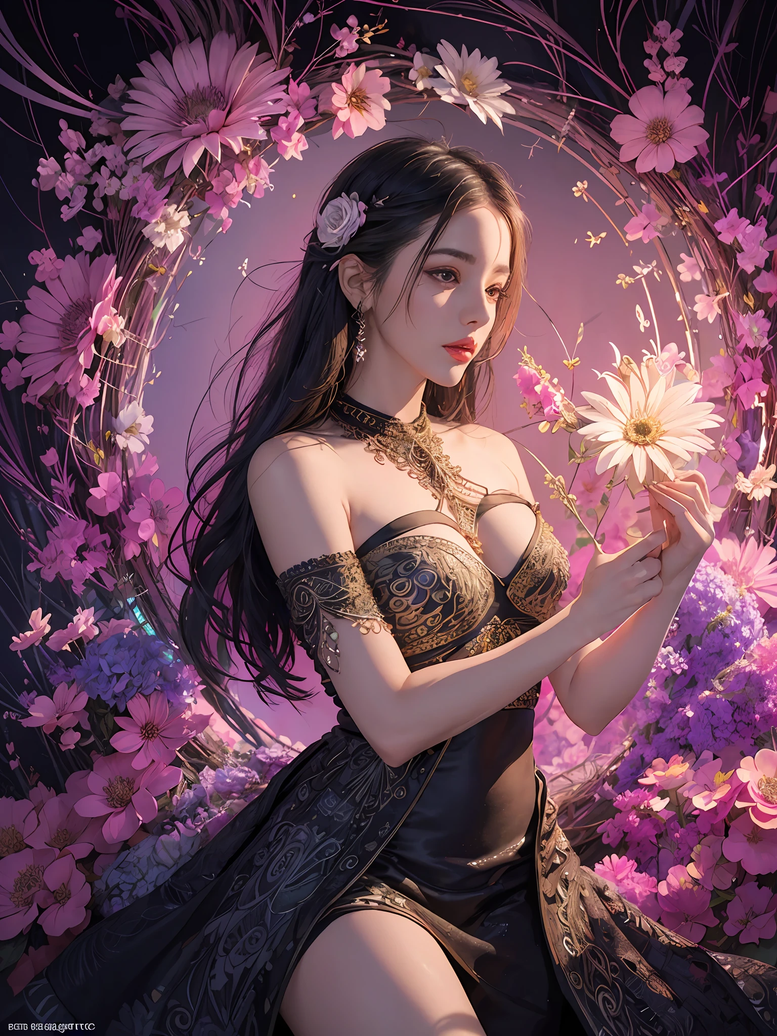official art, unity 8k wallpaper, ultra detailed, beautiful and aesthetic, beautiful, masterpiece, best quality, (zentangle, mandala, tangle, entangle), (ecstasy of flower:1.2) , dynamic angle, cowboyshot, the most beautiful form of chaos, elegant, a brutalist designed, vivid colours, romanticism, atmospheric