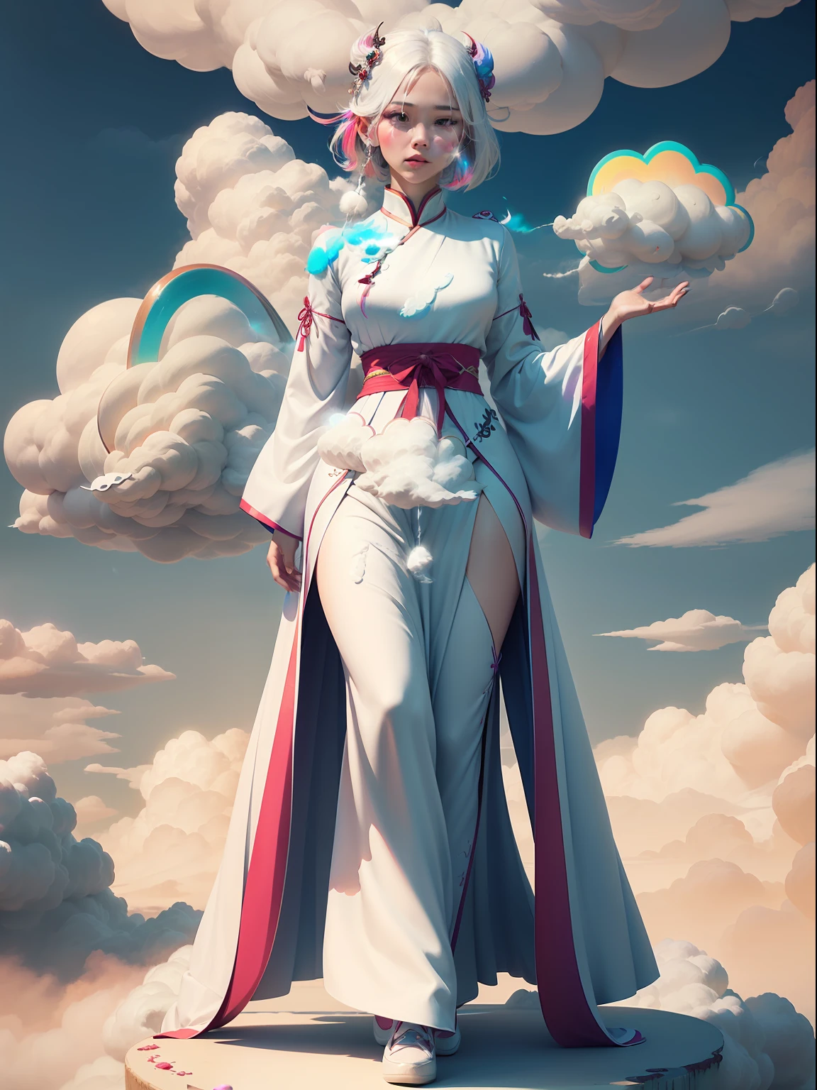 a girl, white hair, chinese traditional costume, white costume, white dragon, sparkles, (colored cloud:2), cloud around a girl, , motion graphics, skyblue thread, skyblue gems, skyblue balls, full body