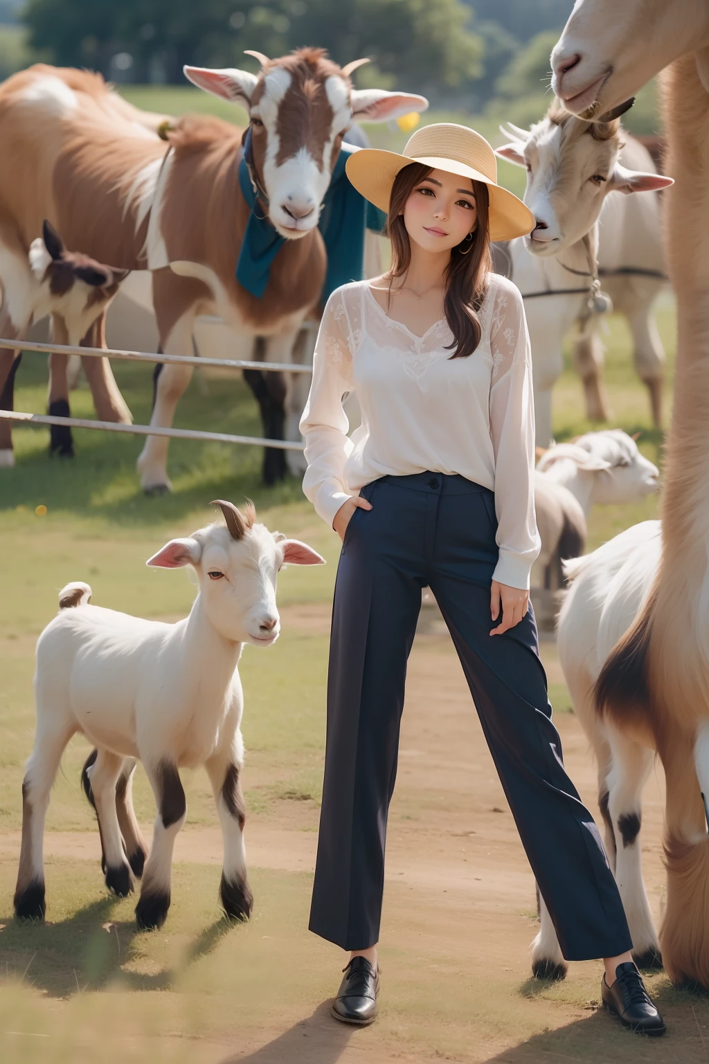 １Pretty Woman、Looking at the camera、Hats、long trousers、Cute Little Goat 1、Pasture