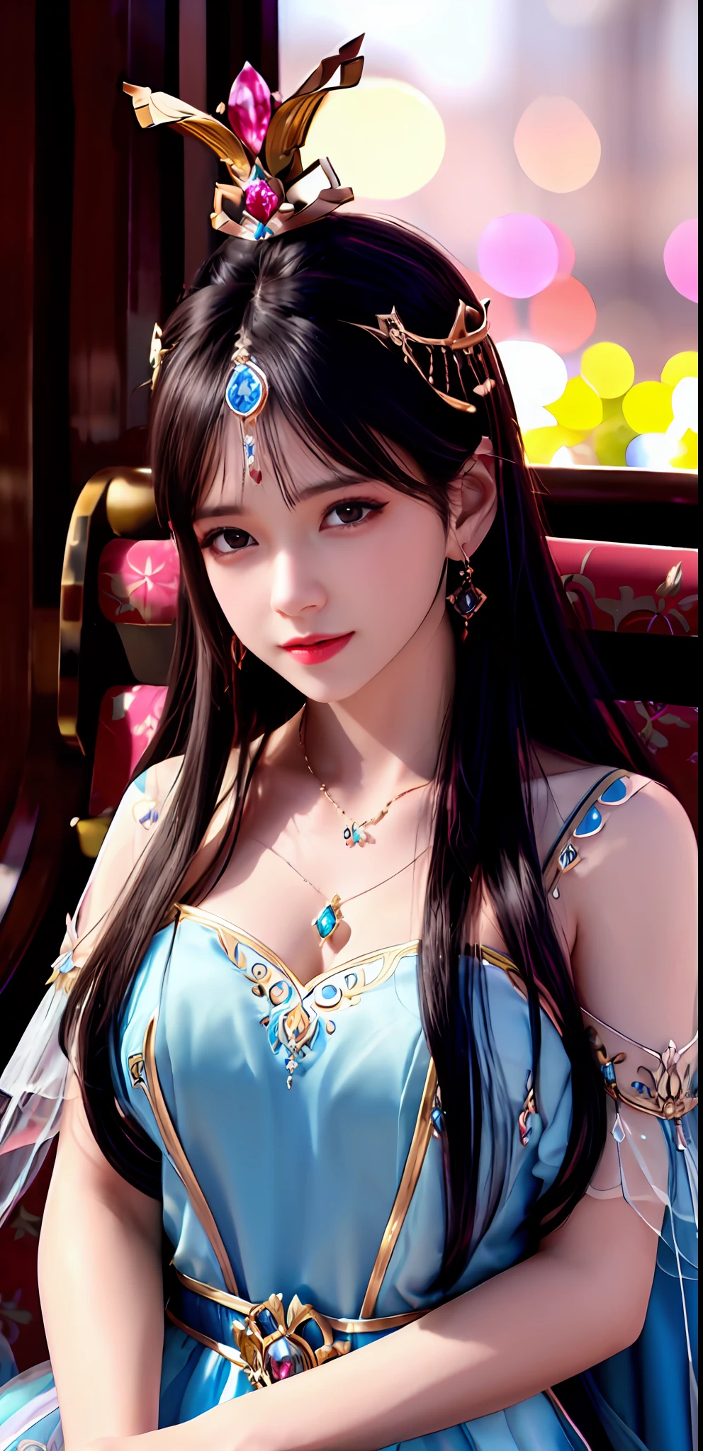 realisticity: 1.2), best quality, 8K UHD, ultra detail, masterpiece, highres, super detail, ultra detail, cg, 1girl, queen, sword, long hair, dress, diamond dress, solo, jewelry, yellow dress, wearing a very beautiful dress, there are lots of diamonds on her dress which is very beautiful,
wearing a very beautiful crown, earrings, hair ornament, splashing, upper body super realistis, hair bun, blue and pink hair, sitting on a magnificent and beautiful royal throne backgraun super realistis and super detail, ultra detail, lighting,candid, Photograph, high resolution, 8k, 10k, Bokeh,