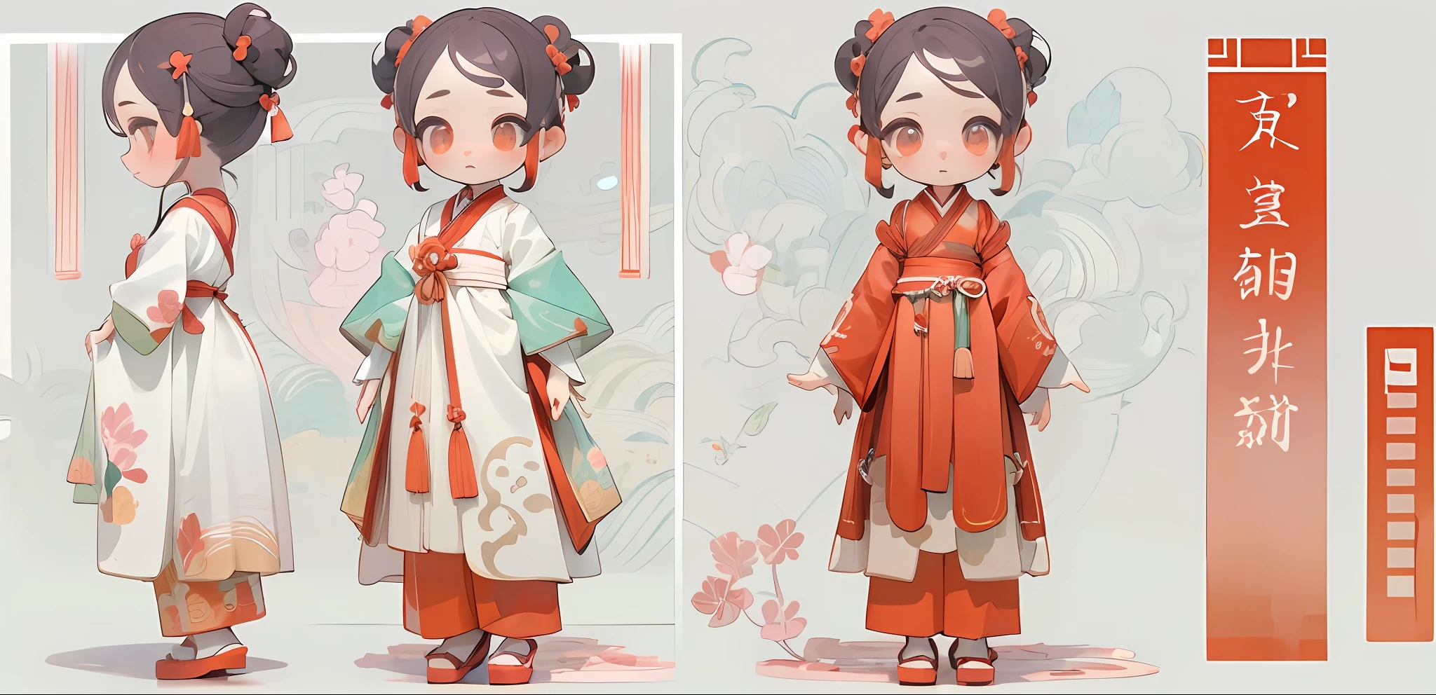 full body, enerate three views,namely the front view, the side view and the back view,maintaining consistency and unity, super cute girl IP image, Chinese-style Hanfu silk clothing, red and white,pop mart design, chibi girl, clean background,Best quality,4K,Highly detailed --ar 16:9 --niji 5