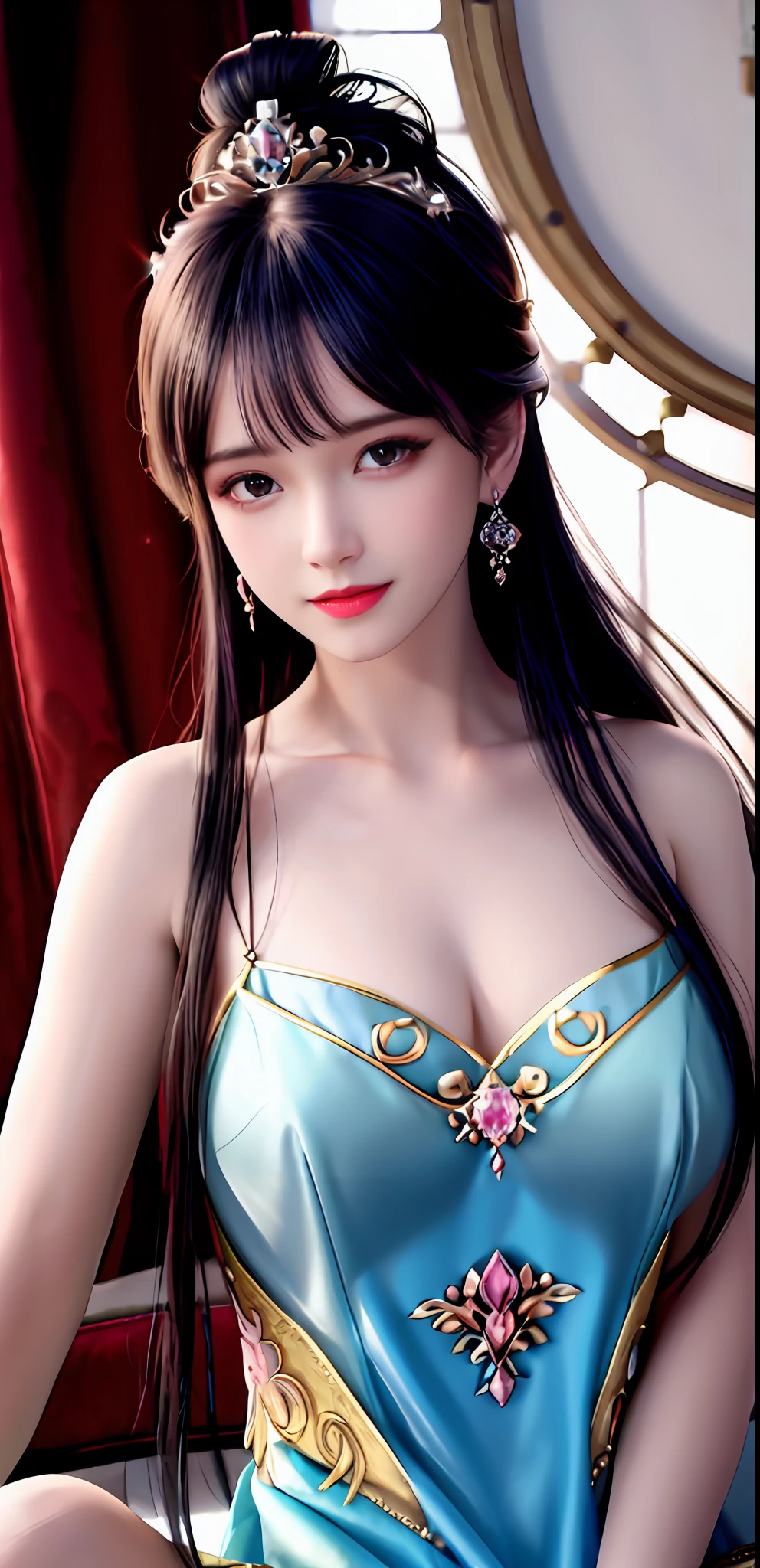 realisticity: 1.2), best quality, 8K UHD, ultra detail, masterpiece, highres, super detail, ultra detail, cg, 1girl, queen, sword, long hair, dress, diamond dress, solo, jewelry, yellow dress, wearing a very beautiful dress, there are lots of diamonds on her dress which is very beautiful,
wearing a very beautiful crown, earrings, hair ornament, splashing, upper body super realistis, hair bun, blue and pink hair, sitting on a magnificent and beautiful royal throne backgraun super realistis and super detail, ultra detail, lighting,candid, Photograph, high resolution, 8k, 10k, Bokeh,