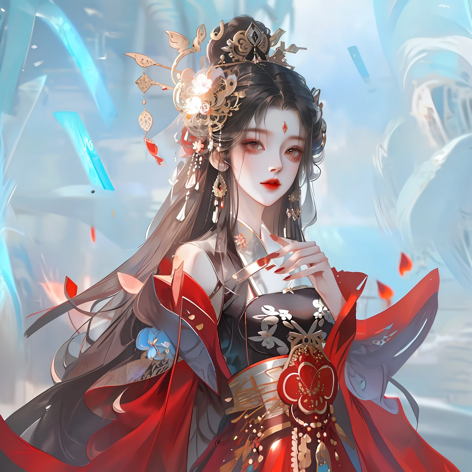 oriental girl，Works of masters，It is engaging and beautifully composed，Her figure is curvy，Enough to be a masterpiece。The painting is undoubtedly super detailed，Her figure is curvy，Best picture quality，Higher quality，high detal， 超高分辨率， 8K分辨率， depth of fields， cinematic photogtaphy， intricately details， carefully， meticuloso， glorious， max detail， extreme beautiful， （（（1girll， 独奏）））， A picture， tmasterpiece， （Best picture quality）， Higher quality， high detal， 超高分辨率， in a panoramic view， Exquisite facial features， s the perfect face，Detailed digital anime art，，Anime girl wearing red dress，Sword and red dress, a beautiful fantasy empress, Palace ， A girl in Hanfu, ((a beautiful fantasy empress)), Inspired by Lan Ying, inspired by Ju Lian, chinese empress, onmyoji portrait, China Princess, G Liulian art style, Princesa chinesa antiga, inspired by Du Qiong