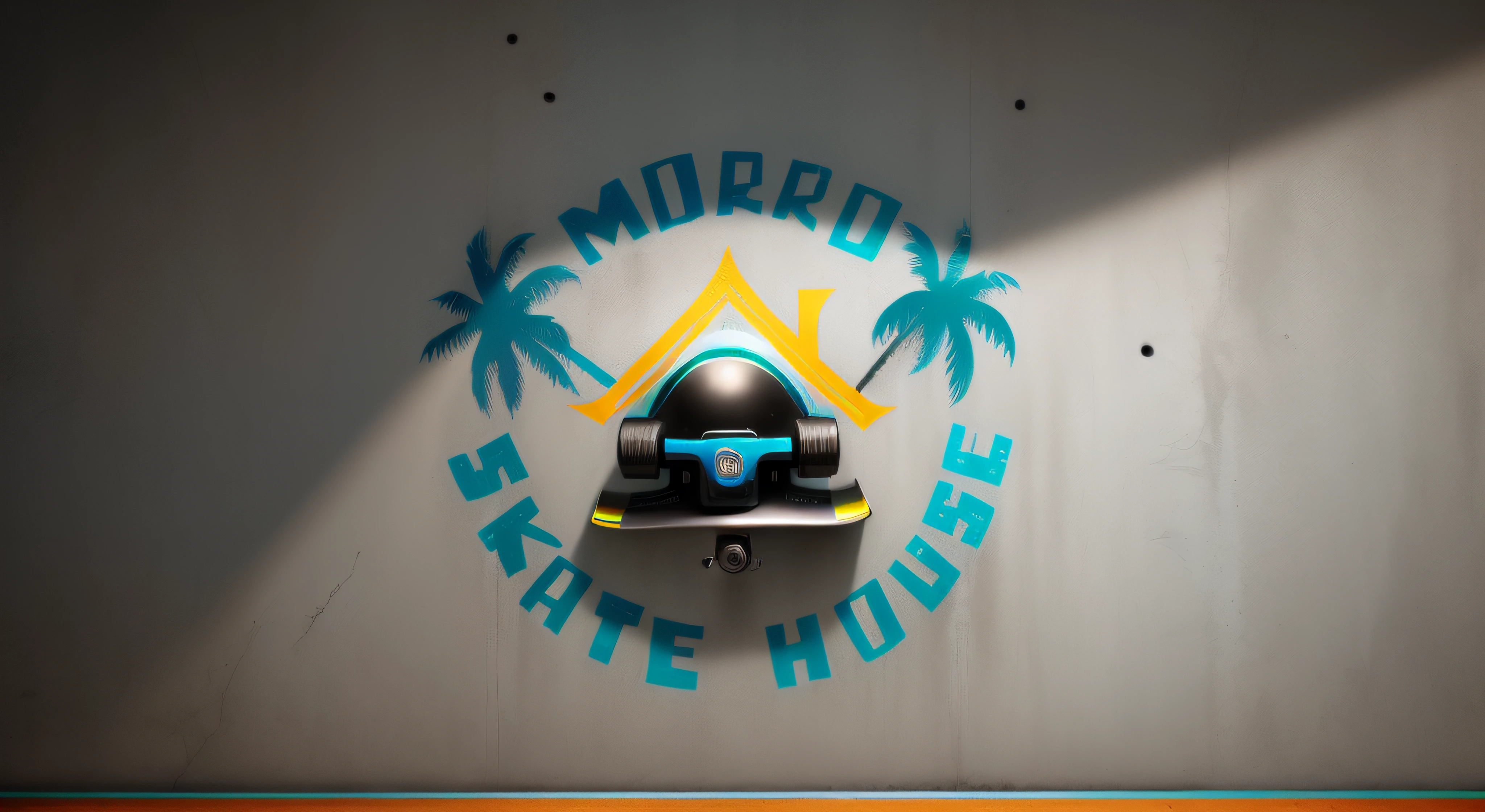 a closup of a skateboard logo in a house and palm trees, Realistic logo, detalhes realistas, skate realista, detalhes metalicos, porca do parafuso, boracha de silicone, parede pixada com grafittis coloridos de plano de fundo, (background: parede) background is a wall, skate style, street style, ultra realista, detalhado, ultra HD, 4K, photorealistic