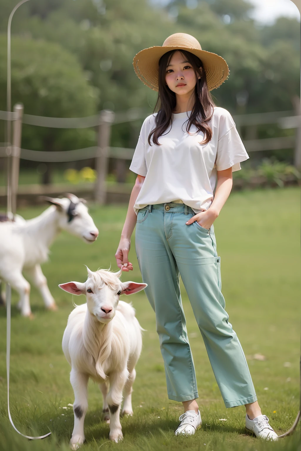 1Pretty Woman、Looking at the camera、Hats、long trousers、Cute Little Goat 1、Pasture