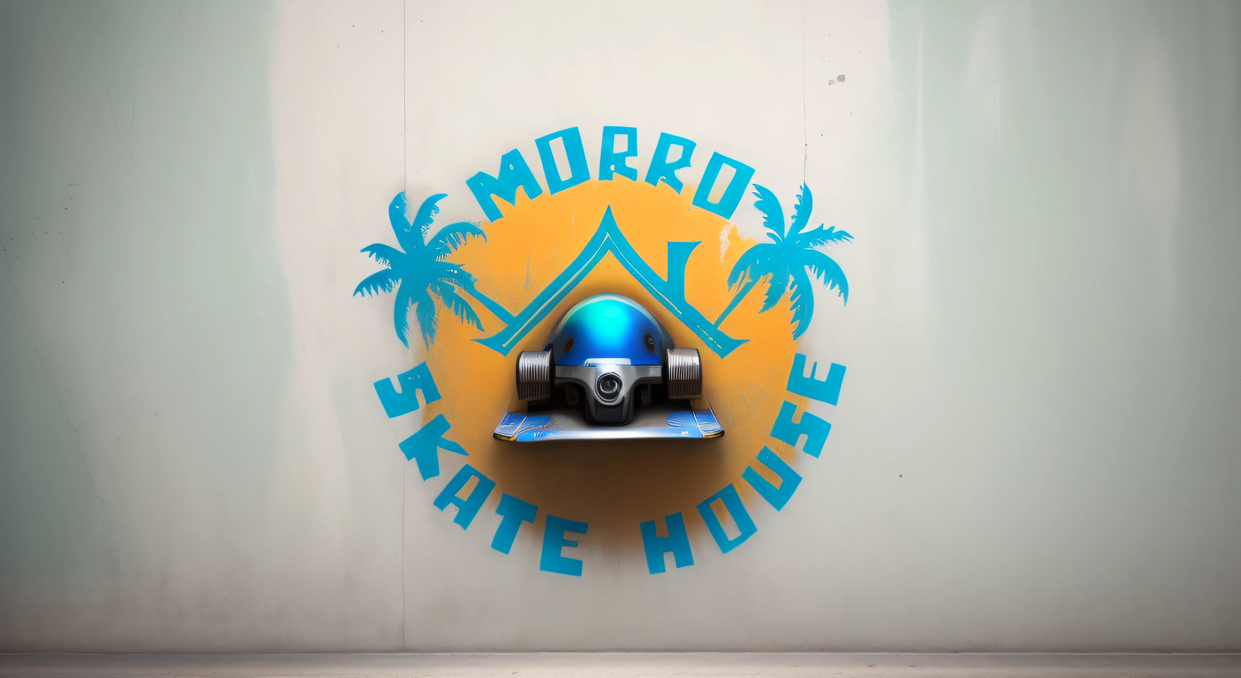 a closup of a skateboard logo on a wall, Realistic logo, detalhes realistas, detalhes metalicos, porca do parafuso, boracha de silicone, parede pixada com grafittis coloridos de plano de fundo, (background: parede) background is a wall, skate style, street style, ultra realista, detalhado, ultra HD, 4K, photorealistic, grafittis na parede, parede rachada, tijolos a vista