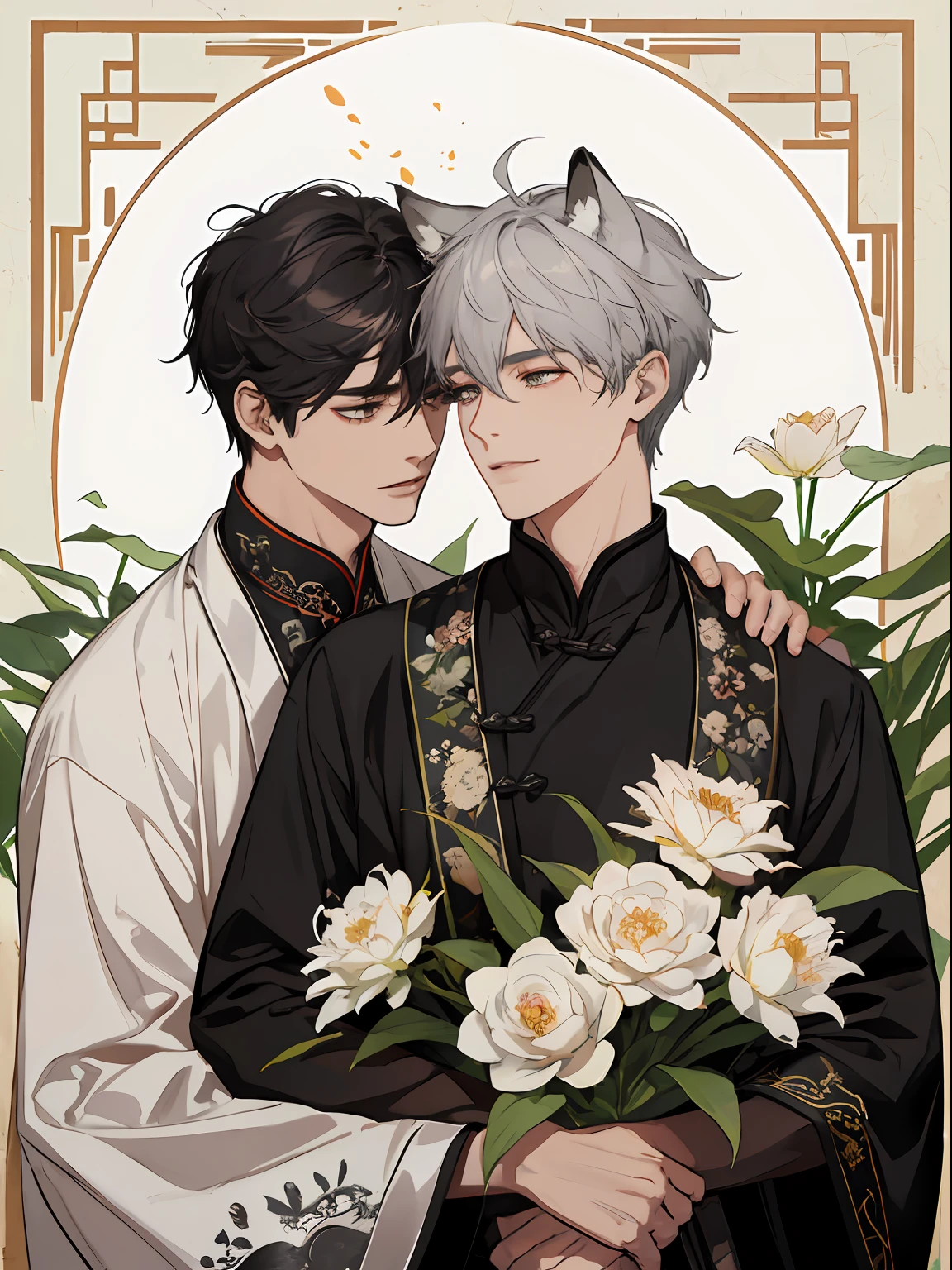 ((4K、masterpiece、top-quality))、(Two men smiling face to face)、Gray-haired man with beautiful fox ears、Strong man with black hair with wolf ears、ink and watercolor painting、Traditional Chinese Ink Painting、lotuses、Hanfu、Maxi Kit、Dress conservatively、Animal ears,、bule、florals、Lots of flowers nearby、shenron、extra detailed face