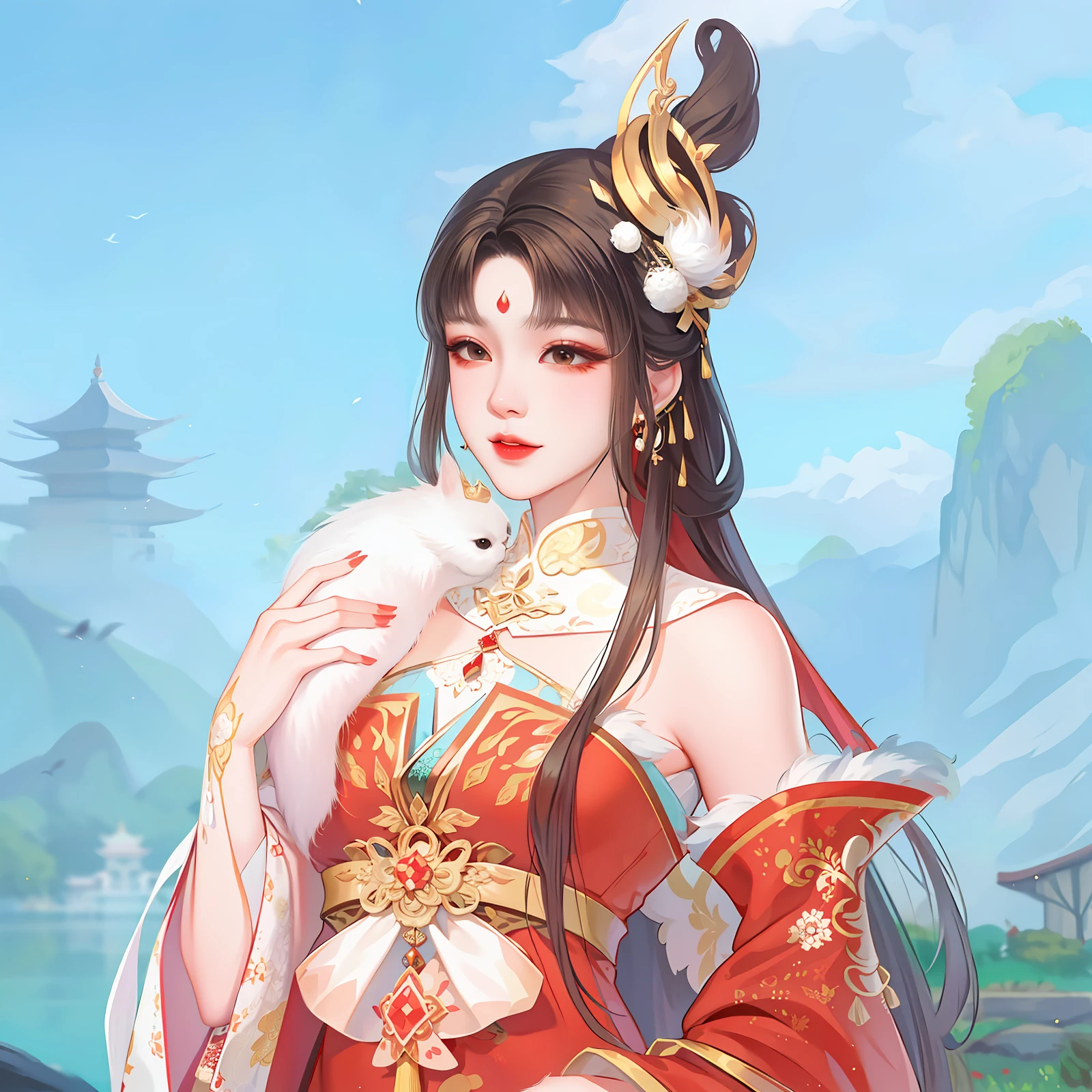 oriental girl,Works of masters,It is engaging and beautifully composed,Her figure is curvy,Enough to be a masterpiece。The painting is undoubtedly super detailed,Her figure is curvy,Best picture quality,Higher quality,high detal, 超高分辨率, 8K分辨率, depth of fields, cinematic photogtaphy, intricately details, carefully, meticuloso, glorious, max detail, extreme beautiful, (((1girll, 独奏))), A picture, tmasterpiece, (Best picture quality), Higher quality, high detal, 超高分辨率, in a panoramic view, Exquisite facial features, s the perfect face,Detailed digital anime art,There was a woman in a red dress holding a white bird, a beautiful fantasy empress, Palace , A girl in Hanfu, ((a beautiful fantasy empress)), Inspired by Lan Ying, onmyoji portrait, inspired by Park Hua, inspired by Ju Lian, Inspired by Qiu Ying, inspired by Ma Yuanyu, onmyoji, China Princess