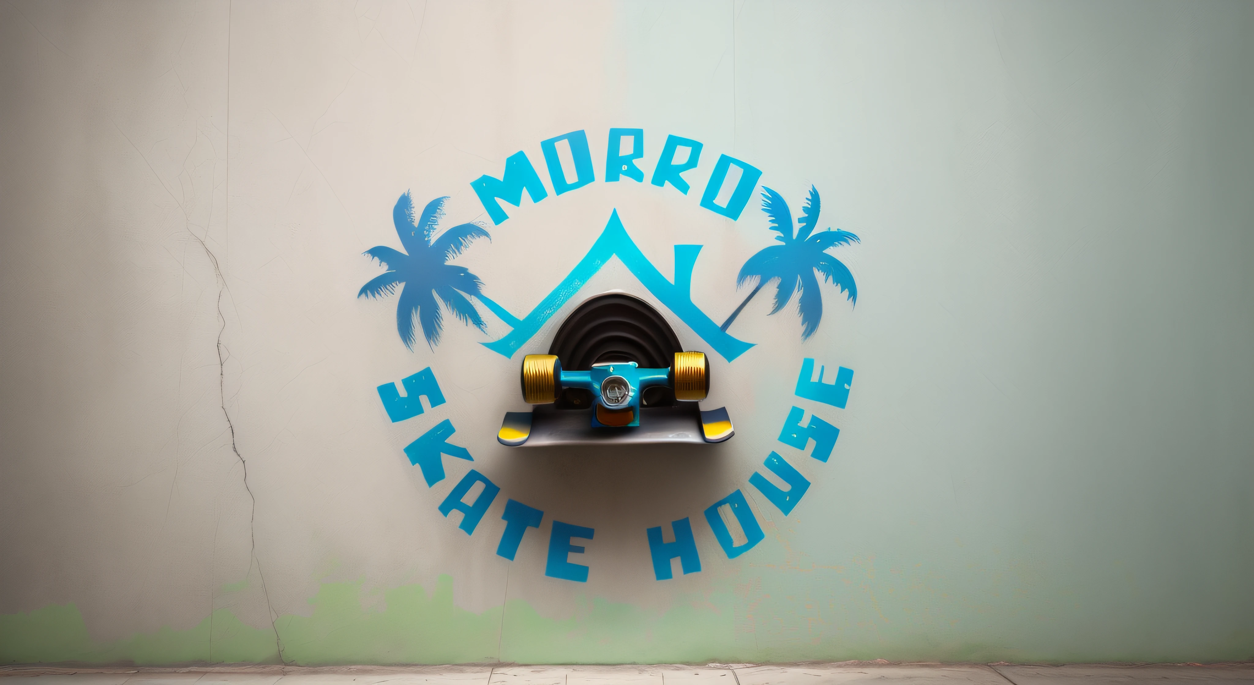 a closup of a skateboard logo on a wall, Realistic logo, detalhes realistas, detalhes metalicos, porca do parafuso, boracha de silicone, parede pixada com grafittis coloridos de plano de fundo, (background: parede) background is a wall, skate style, street style, ultra realista, detalhado, ultra HD, 4K, photorealistic, grafittis na parede, parede rachada, tijolos a vista