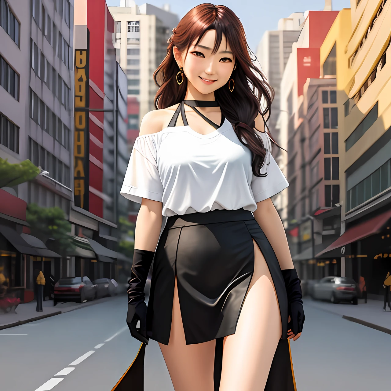 masterpiece, best quality, highres, (photorealistic:1.4), earrings, (depth of field:1.8), beautiful Korean girl, thigh gap, 1 girl, long hair, ponytail, (solo:1.1), red, (slit skirt curtain:1.5),(halter neck t-shirt), shinobi, ninja, bare shoulder, elbow gloves, (looking at viewer:1.2), (smile:1.2), (full body:1.), (in the city:1.5), medium breast, (pureerosface_v1:0.5),