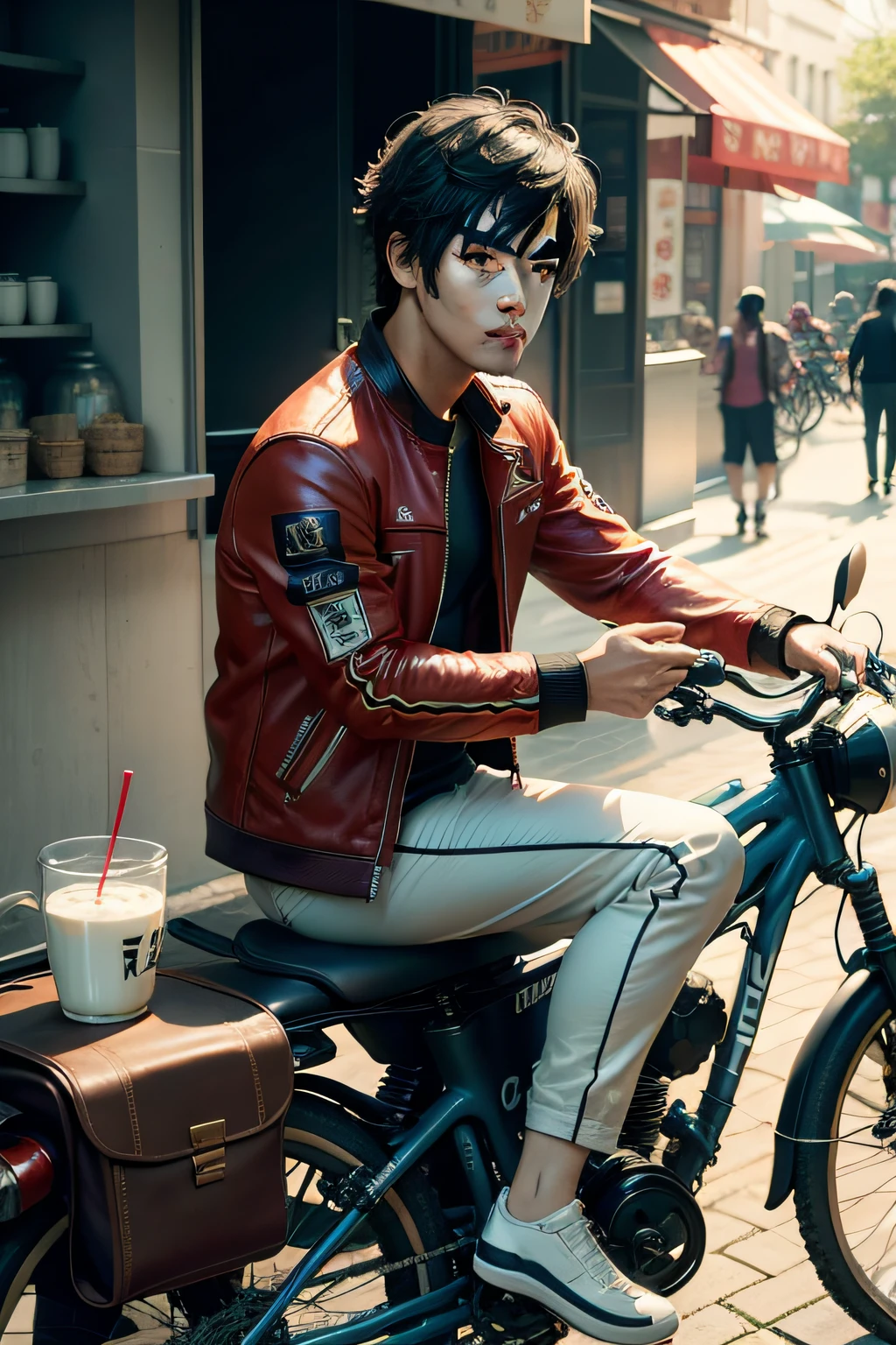 Jay Chou，bikes，A cup of milk tea，4K，photorealestic