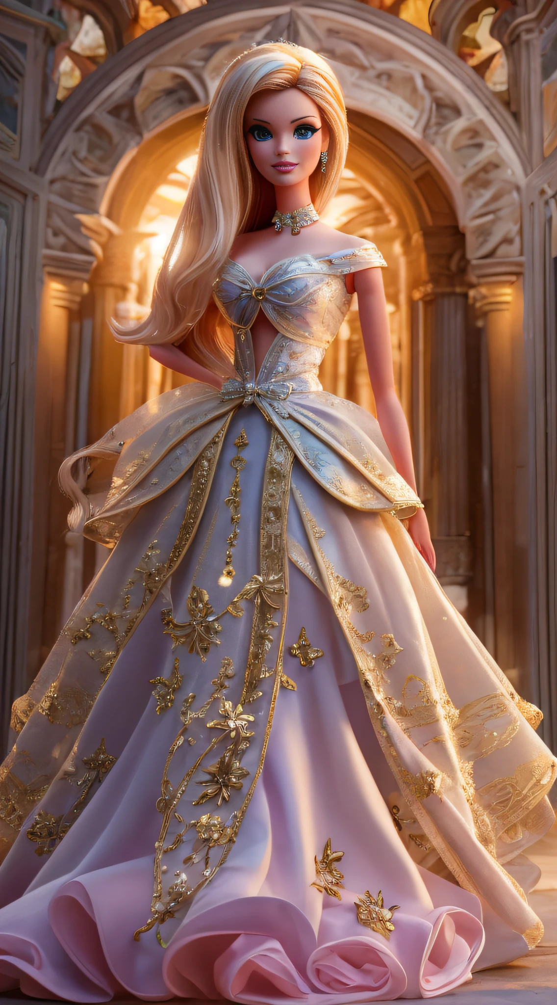 "Obra maestra de Kent del Mundo, calidad excepcional, detallada y realista. Full-size Barbie, hermosamente esculpida. Pose elegante, luces y sombras perfectamente equilibradas. Fondo deslumbrante, magical ambiance. Colores vibrantes, Exquisite costume design. Impressive volumetric light effect. Let yourself be captivated by this amazing creation!!"