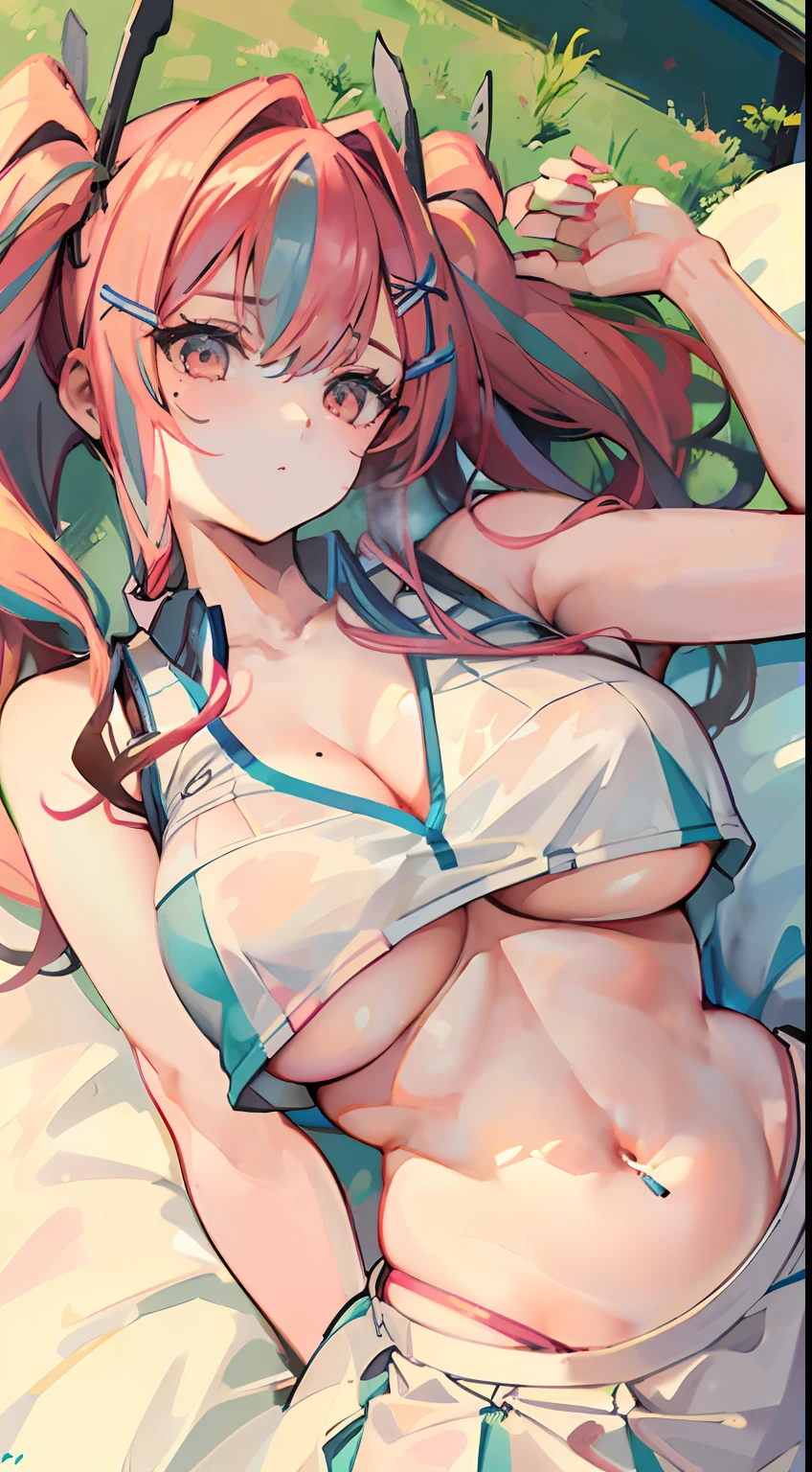 ((large boob、1girl)),HotTraining, Tennis Sportwear, twintail,(the perfect body:1.2),azur lane,(extremely delicate and beautiful)、(​masterpiece)、(top-quality:1.0)、(超A high resolution:1.0)、beautiful  lighting、夏天、Strong sunshine、perspiring、realistic shadow