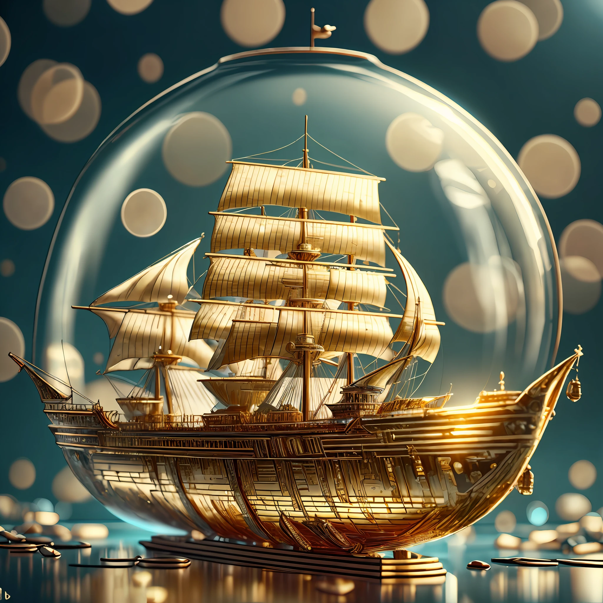 a golden ship inside a glass bottle,hd 4k realstic,masterpiece, jungle of gold,old artifacts and building made of gold --auto --s2