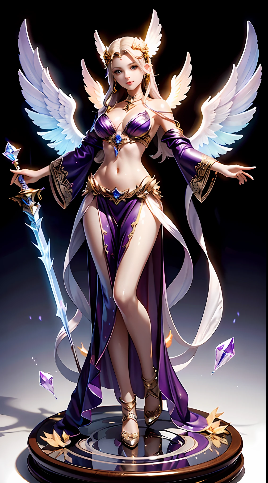 Crystal sculpture of female character holding purple lightning sword,Facial features are perfectly depicted,It is filled with a brightly colored liquid,It is illuminated by a pair of glowing angel wings on the back,Style model 1