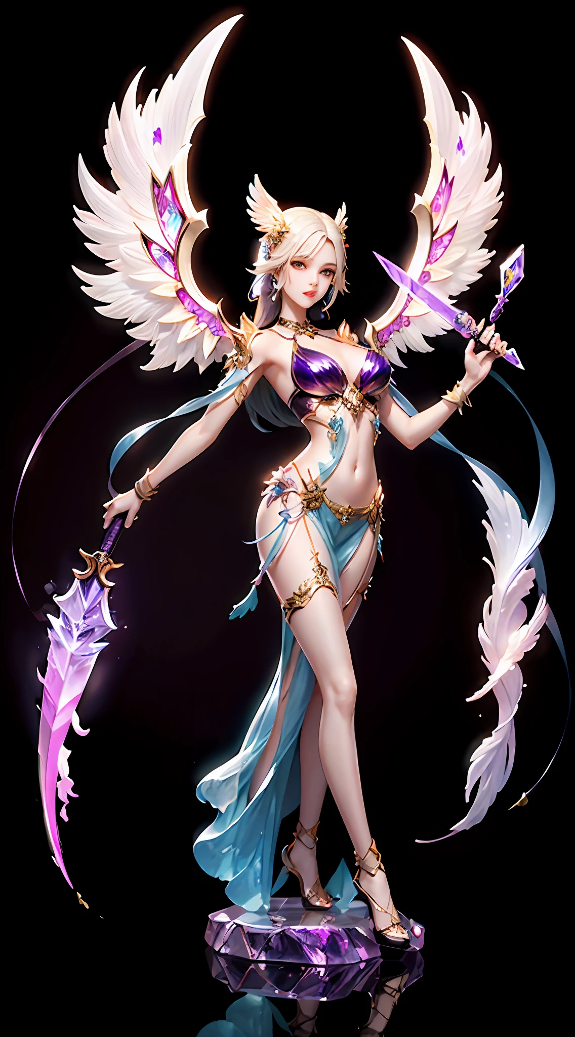 Crystal sculpture of female character holding purple lightning sword,Facial features are perfectly depicted,It is filled with a brightly colored liquid,It is illuminated by a pair of glowing angel wings on the back,Style model 1