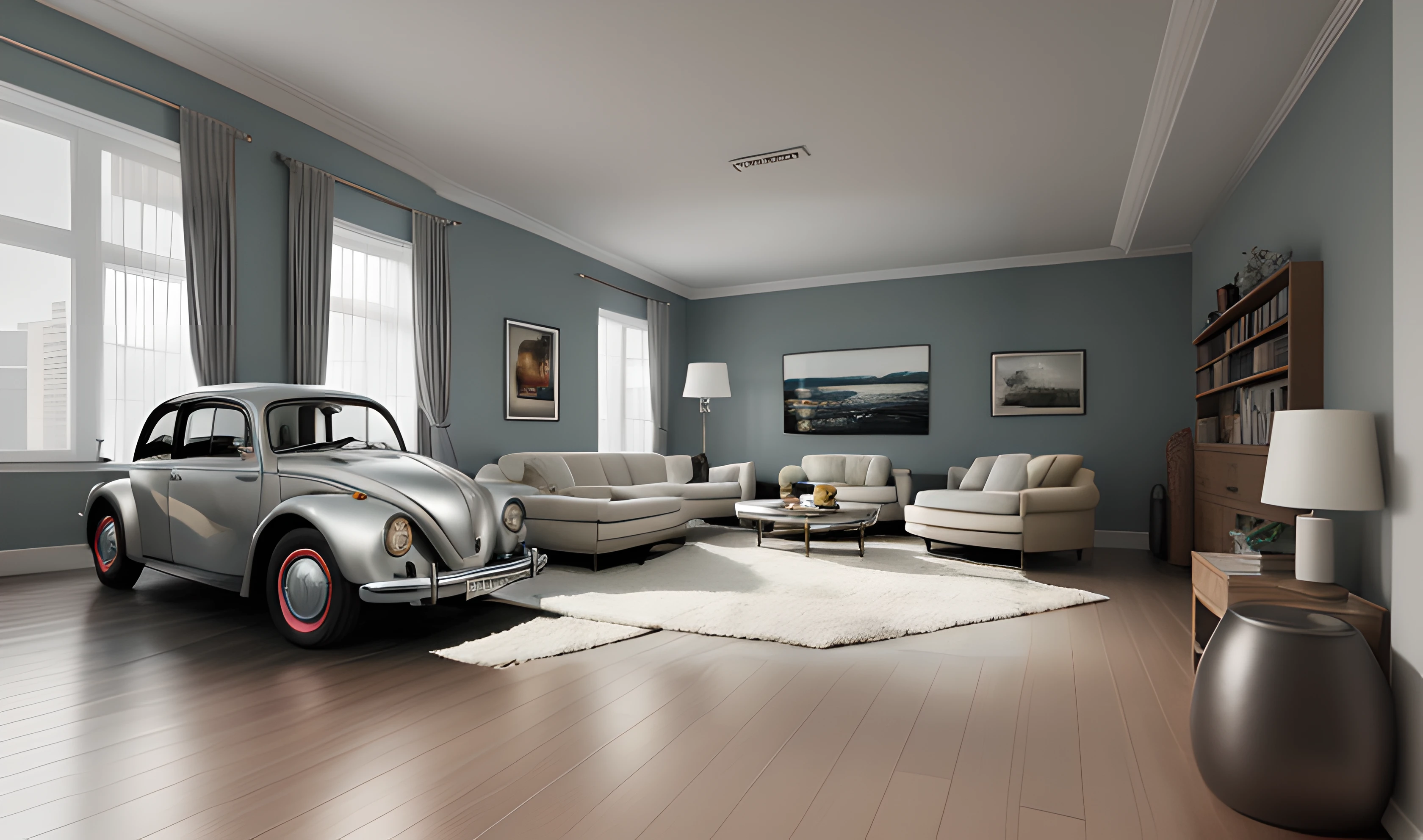 There was a car parked in the living room, super realistic render vray, realistic cinema 4 d render, vray rendered, Vray rendering, photorealistic cinematic render, photoreal render, Render in Vray, realistic cgi render, Photorealistic rendering, Award-Awarded. rendering by octane, vray render, vray 4k render, photo realistic octane render,Bookcases and soft chairs