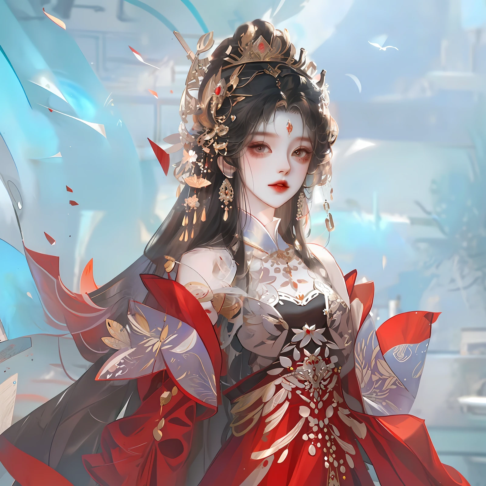 oriental girl，Works of masters，It is engaging and beautifully composed，Her figure is curvy，Enough to be a masterpiece。The painting is undoubtedly super detailed，Her figure is curvy，Best picture quality，Higher quality，high detal， 超高分辨率， 8K分辨率， depth of fields， cinematic photogtaphy， intricately details， carefully， meticuloso， glorious， max detail， extreme beautiful， （（（1girll， 独奏）））， A picture， tmasterpiece， （Best picture quality）， Higher quality， high detal， 超高分辨率， in a panoramic view， Exquisite facial features， s the perfect face，Detailed digital anime art，，Anime girl wearing red dress，Sword and red dress, a beautiful fantasy empress, Palace ， A girl in Hanfu, ((a beautiful fantasy empress)), Inspired by Lan Ying, inspired by Ju Lian, chinese empress, onmyoji portrait, China Princess, G Liulian art style, Princesa chinesa antiga, inspired by Du Qiong