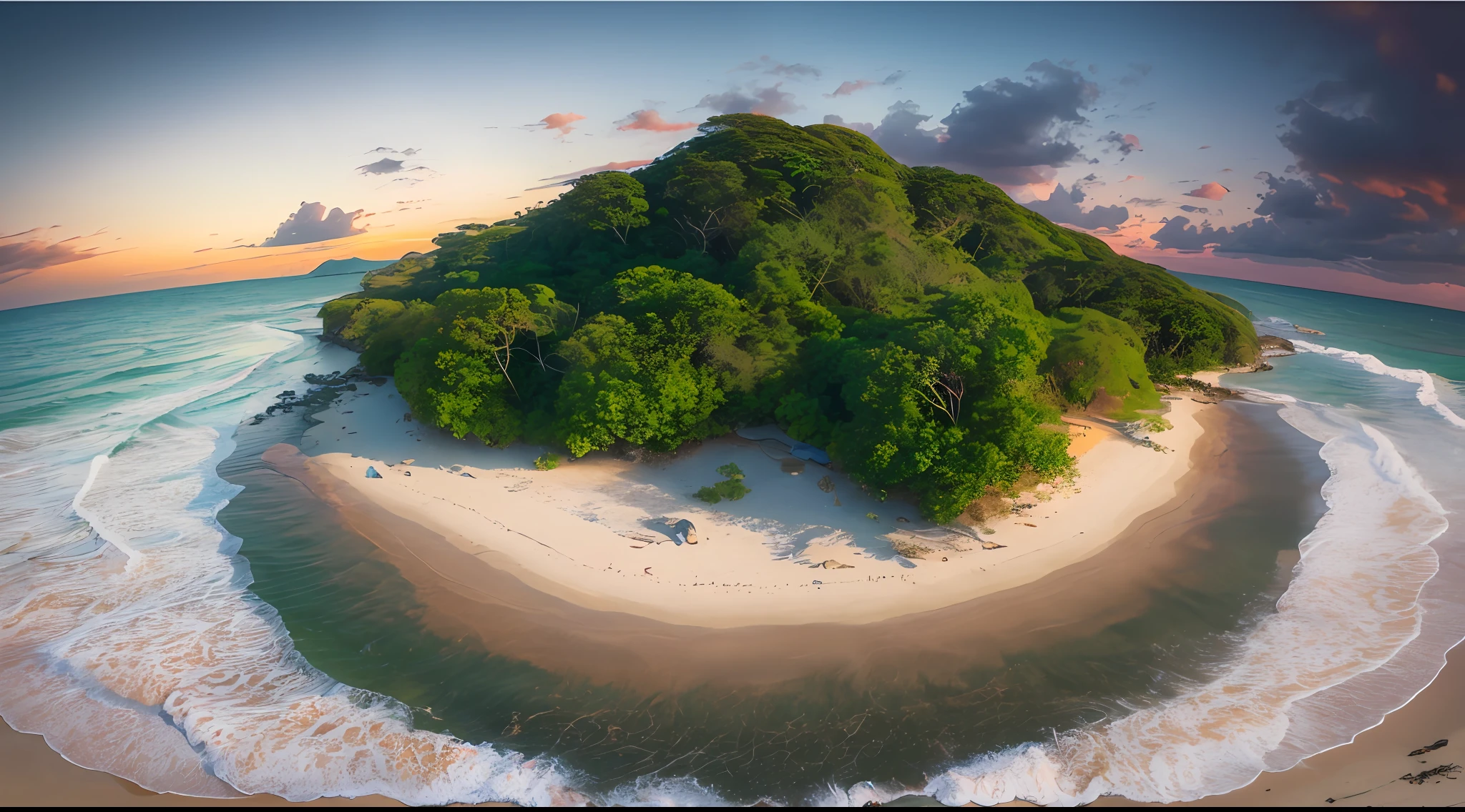 at the sunset、An uninhabited island in the middle of the sea、the beach、jungles、mystical、Magical、eye-level perspective、, first-person view, Canon, masterpiece, best quality, highres, 8k, Very realistic, photorealistic,