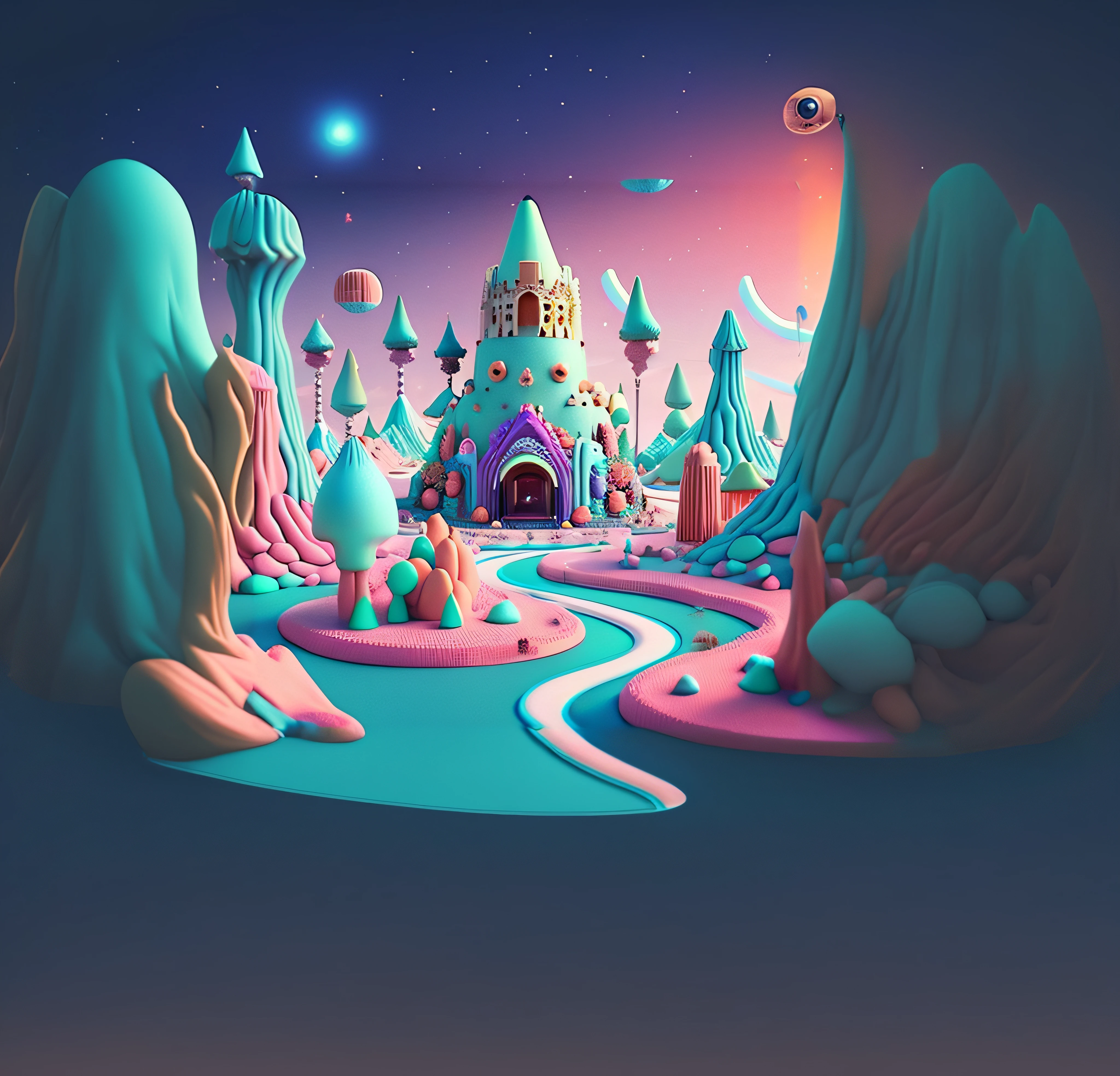 Un primer plano de un castillo muy colorido y bonito en medio de un campo, en una casa estilo tierra de caramelos, Bosque de dulces, Tendencia en Behance 3 D Art, Tendencia en Behance 3D Art, Arte de renderizado 3D de Rolands Zilvinski, Tierra de caramelos, Artem Demura Beeple, recusion beeple, Beeple |