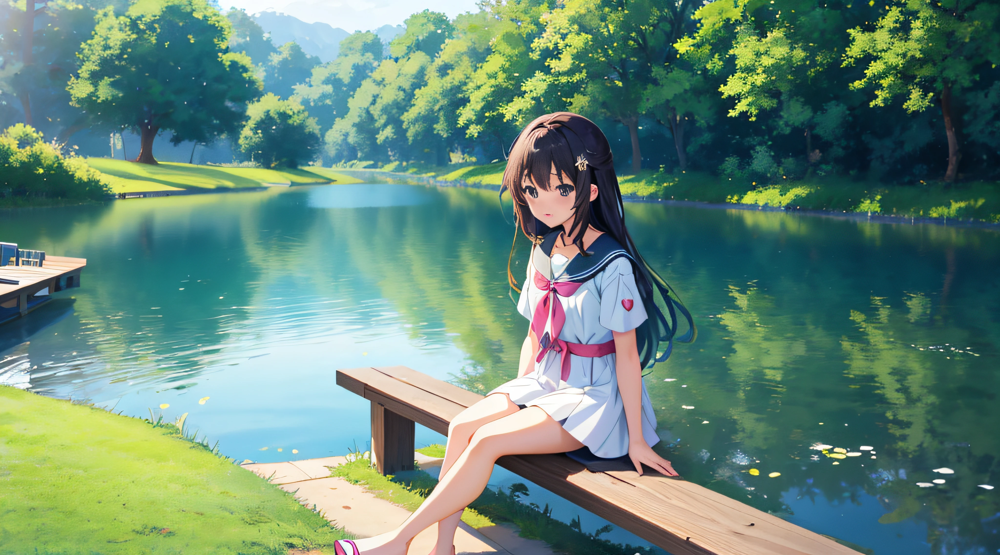 Anime girl sitting on a bench in the middle of the lake, sitting at a pond, sittinng on the river, anime visual of a cute girl, Beautiful anime girl, Anime Nature, up of young anime girl, Smooth anime CG art, beautiful anime art style, Beautiful anime artwork, anime beautiful peace scene, Cute anime girl, High Quality Anime Art Style, style of anime4 K