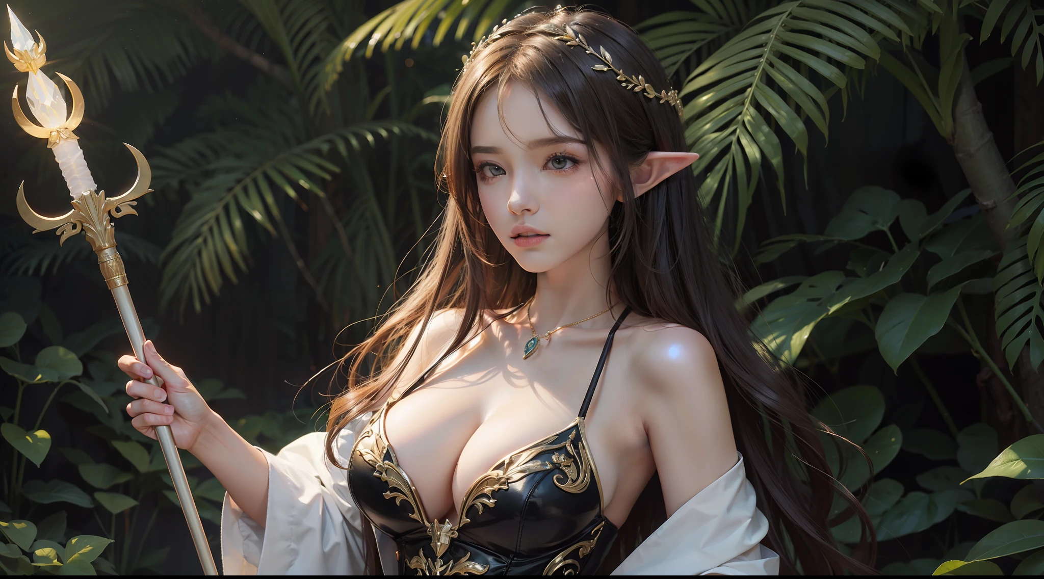 tmasterpiece，top-quality，best qualityer，offcial art，Beauty and aesthetics：1.2），（tmasterpiece：1.3）， （8K， realisticlying， RAW photos， best qualtiy： 1.4）， beauitful face， （photorealiscic face），超高分辨率， Ultra photo realsisim， highly  detailed， the golden ratio， （Award-winning digital artwork：1.3） af （sketching：1.3），（with dynamism：1.3），（Saturation：1.3），（Close portrait：1.3），illusory engine， (High detail: 1.9)，（femele：1.4），（big breasts beautiful： 1.4),(carismatic:1.3)，the rainforest，Female elf，half-body shots，magnificent robe，Overhead halo，Large breasts，（Close portrait：1.3），illusory engine， (High detail: 1.9)，volumettic light，(((Glowing scepter)))