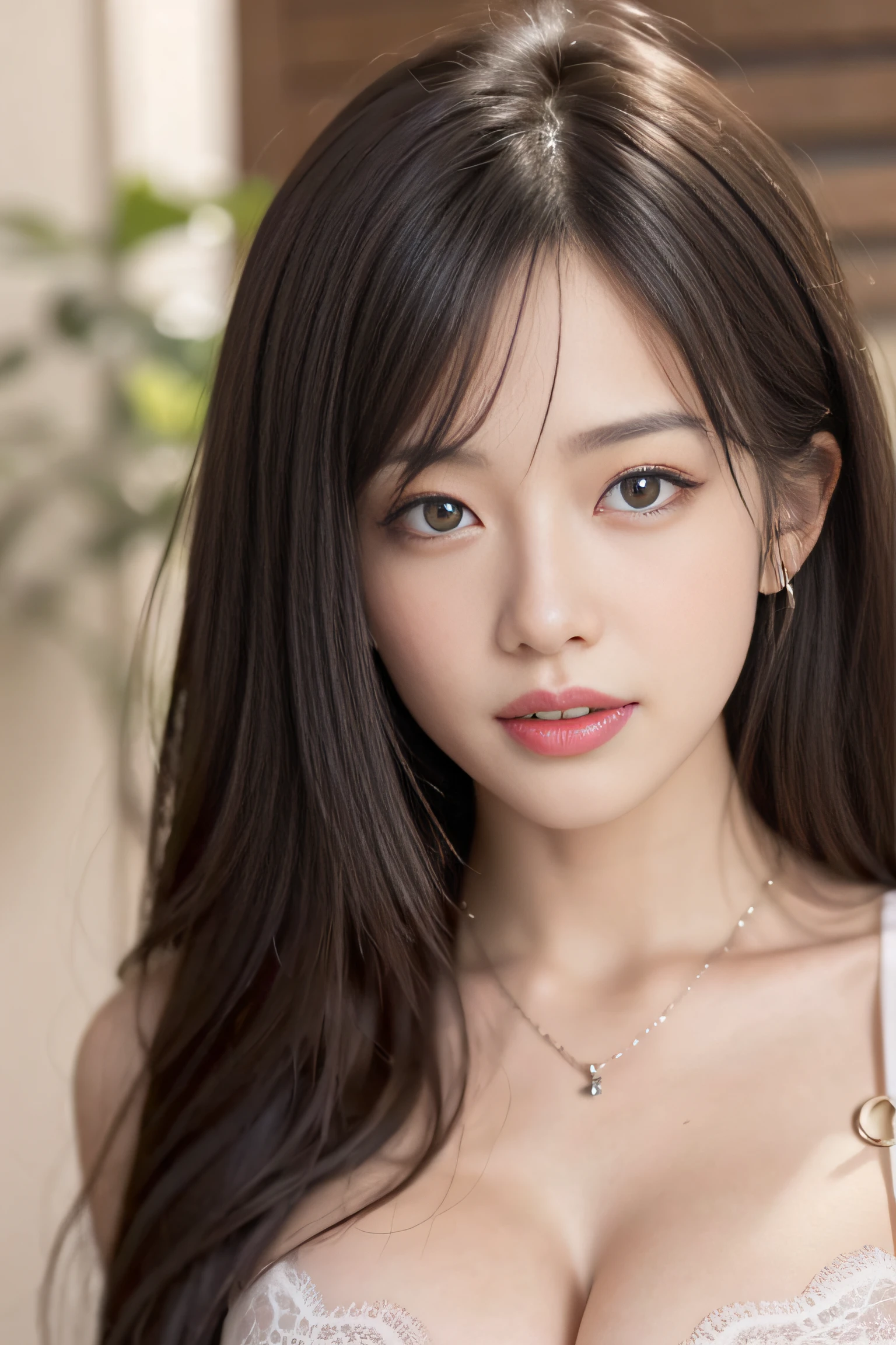 Random posture,1girl,seduce, upper body:1.5 beautiful breasts, lips, realistic, photo_\(medium\), solo, (masterpiece),(photorealistic:1.3), ultra-detailed, (high detailed skin:1.2),(best quality:1.0), (ultra highres:1.0), (ulzzang-6500:0.3), beautiful and clear eyes, delicate necklace,sunshine, (beautiful detailed makeup), (sexually aroused blushing heavy breathing:1.0), (soft glow bloom:0.5),mole under eye:1.7,