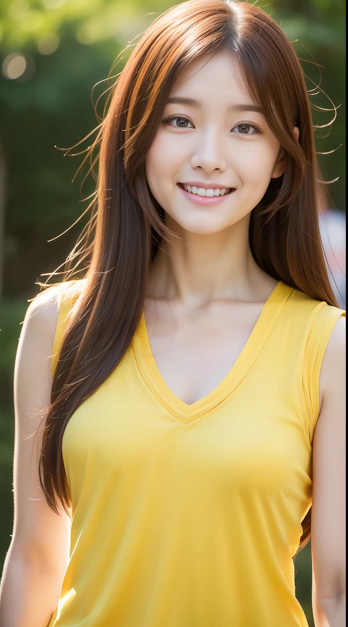 realistic photos of (1 cute Korean star) hair between eyes, thin makeup, 32 inch breasts size, slightly smile, wearing yellow sleeveless shirt , walking in Nara dee park, Japan, upper body portrait, UHD