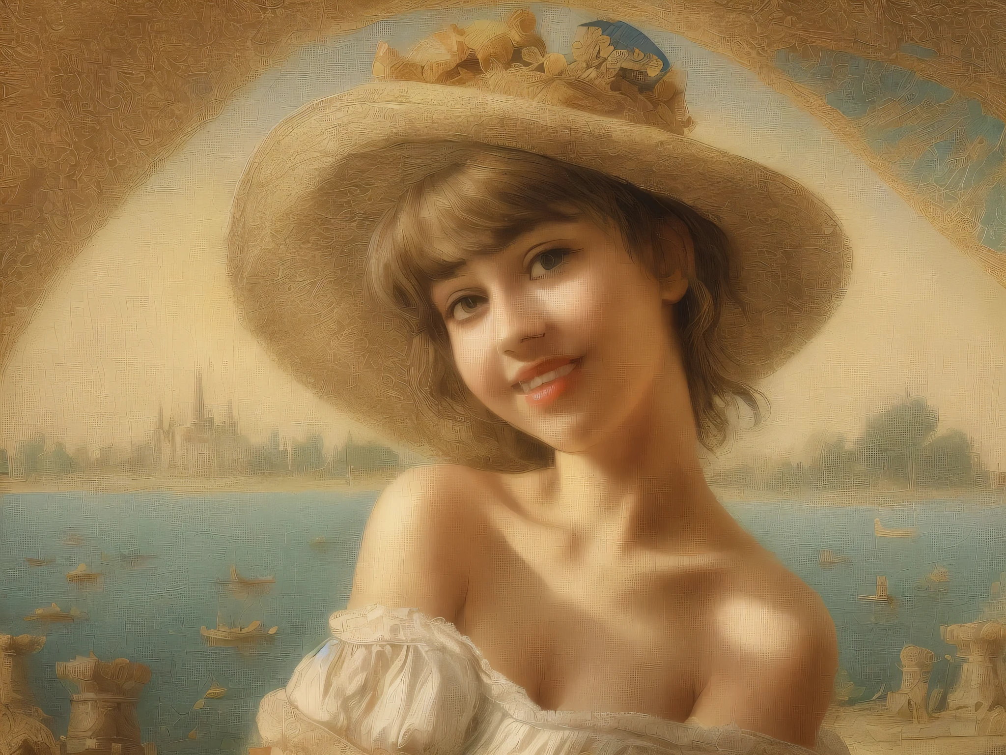 [beste-Qualit, tmasterpiece, extra high resolution, photo-realistic, in the style of pin-up, 1girl, off-shoulder, ssmile:20]Background, intricate Renaissance landscape, higly detailed, impressionism:0.2