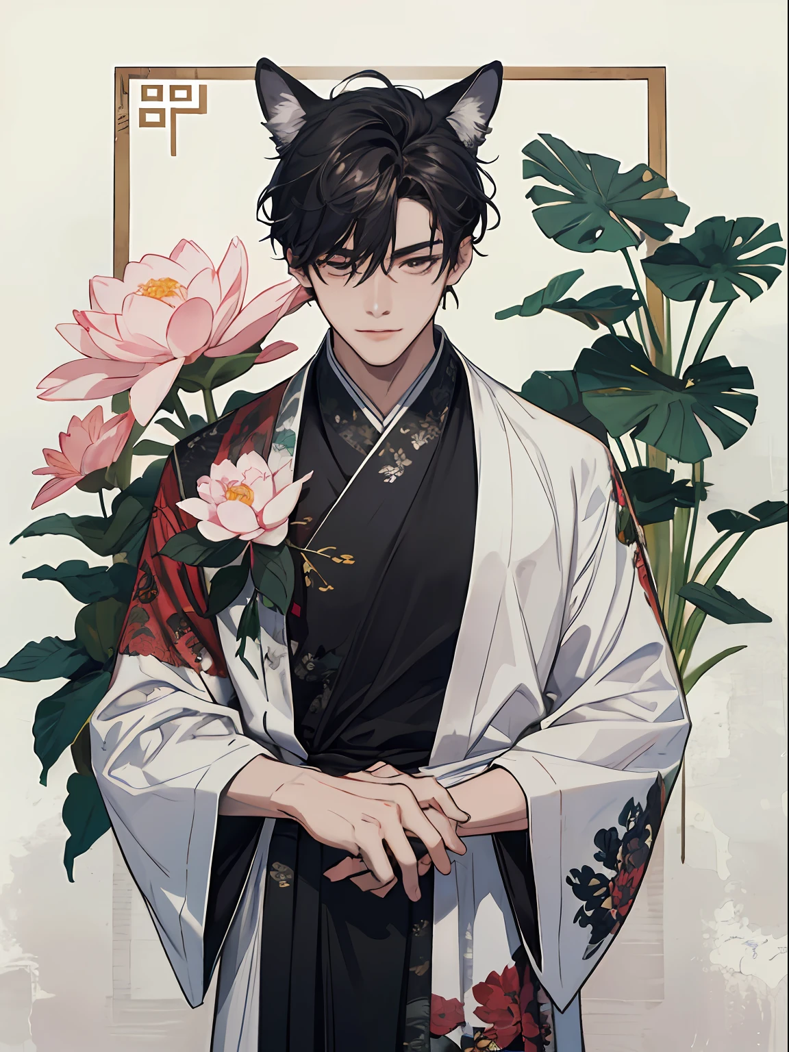 ((4K、masterpiece、top-quality))、(Two men smiling face to face)、Gray-haired man with beautiful fox ears、Strong man with black hair with wolf ears、ink and watercolor painting、Traditional Chinese Ink Painting、lotuses、Hanfu、Maxi Kit、Dress conservatively、Animal ears,、bule、florals、Lots of flowers nearby、shenron、extra detailed face